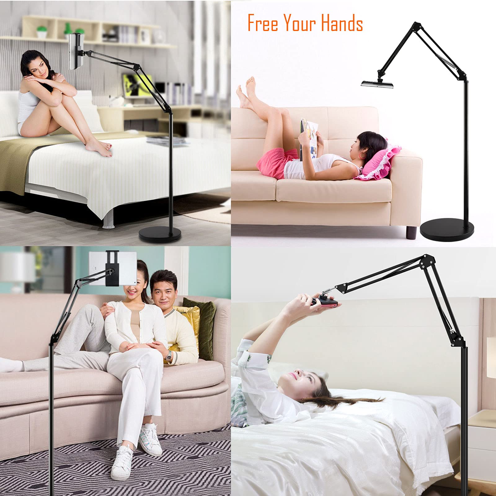 Soporte de metal resistente para teléfono/tableta, soporte universal para teléfono móvil, soporte perezoso, rotación de 360°, cuello de cisne, brazo largo flexible (negro, 1.7 m)