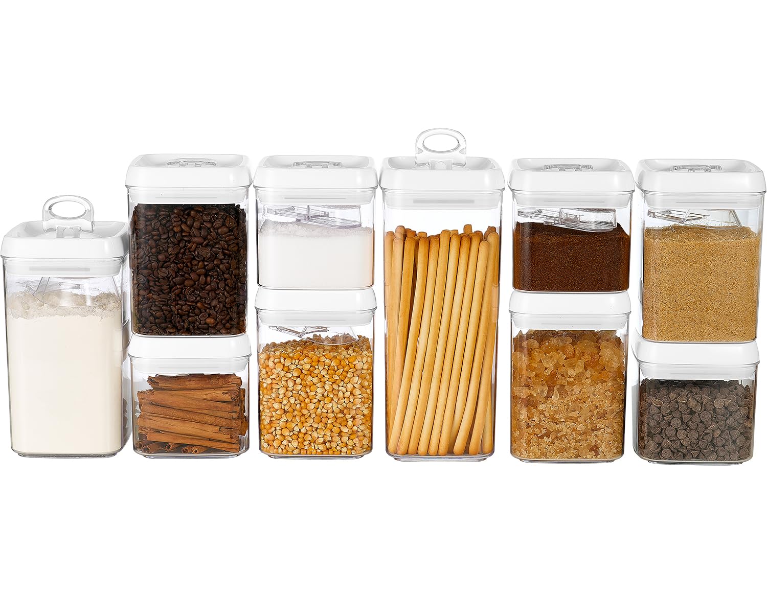 Flip Tite Food Storage Container with Scoop & Lid 5" LARGE Airtight Ring Top, Acrylic Canister for Sugar Flour Baking Powder Rice Pasta, Kitchen Organizer Christmas Gift Set (10pk, Variety)