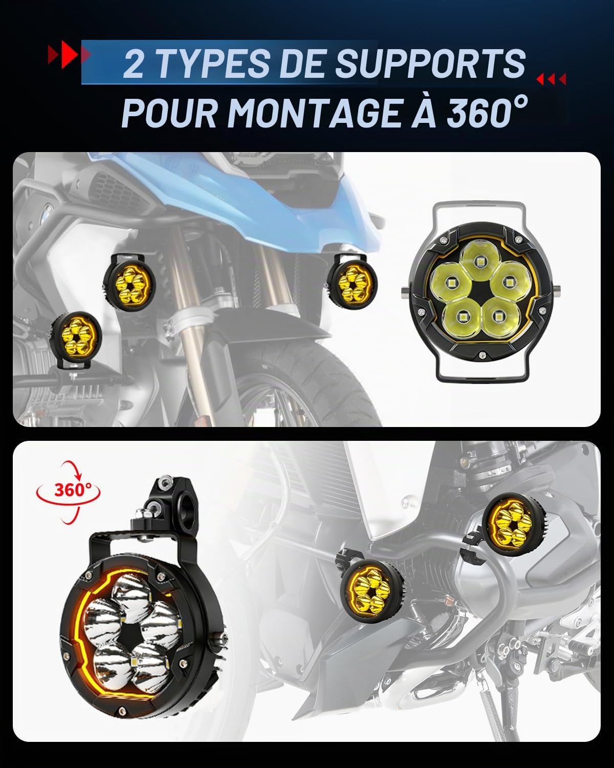 BraveWAY Phares Additionnels Moto 3,7 Pouces 70W 16000LM DRL Ambré Fonction Stroboscopique Faisceau Combin Caches Jaunes/Noirs Supports en U et Tubulaire Harnais de Câbles