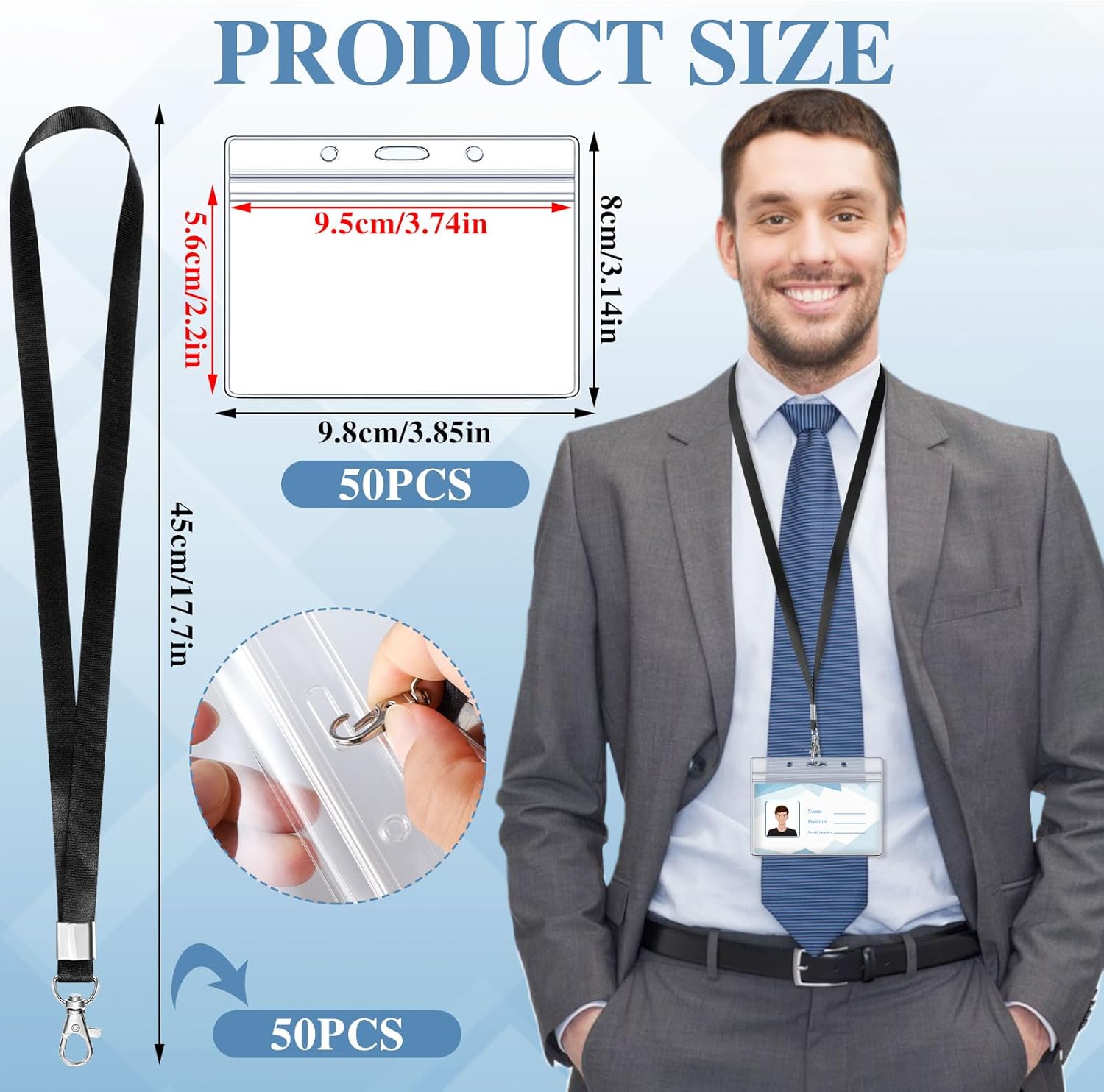 50 Pack Name Tag Lanyards with Id Holder, Clear Plastic Horizontal Name Tags Holders and Black Badge Lanyards with ID Holder for School Office Team Workers Volunteers (Black) - Image 2