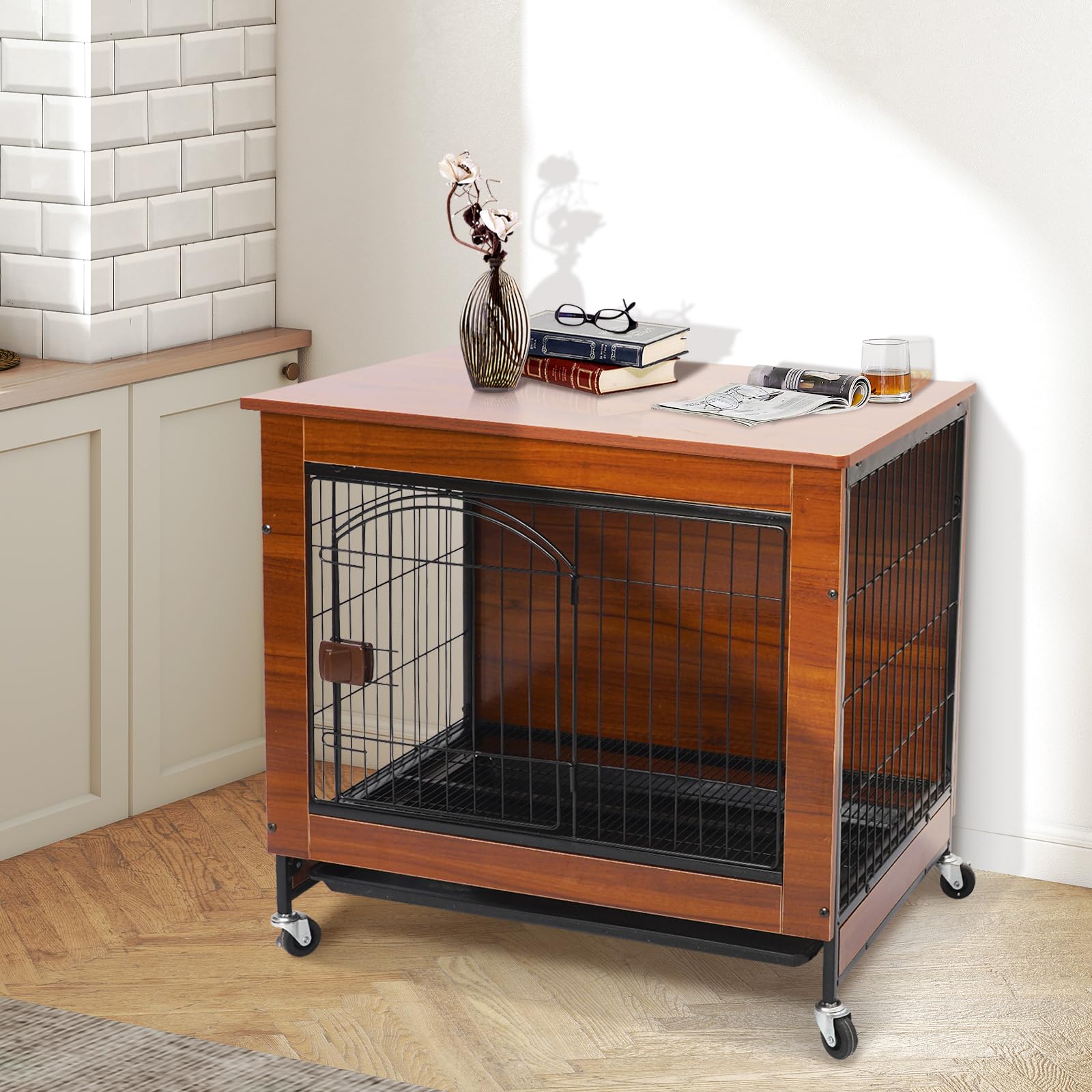 Gabbia per Cani a Stile Mobile, 78cm Casetta per Cani in Legno Moderno per Interni, Multifunzione con Ruote Universali & Vassoio Rimovibile, Adatta a Cani Piccoli/Medi, 78x55x73 cm, Marrone Vintage