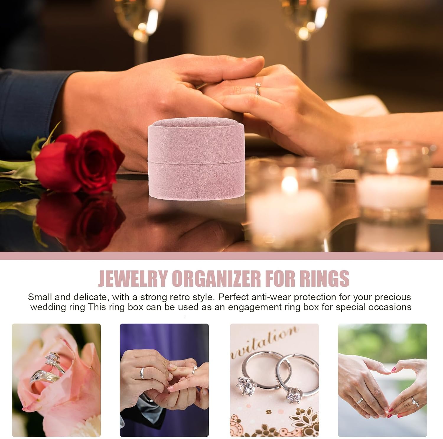 Velour Wedding Ring Case Oval 2-slot Delicate Jewelry Box for Couples Travel Storage Blush Velvet
