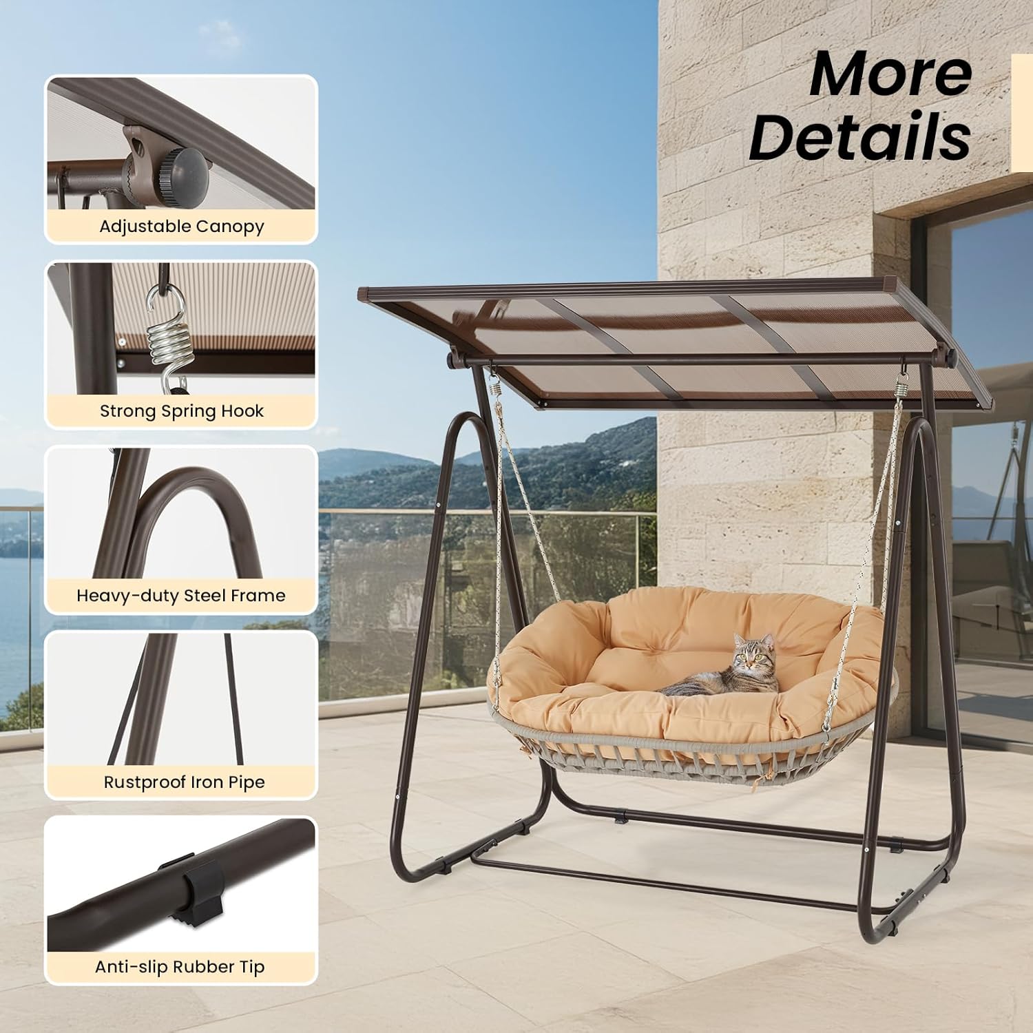 2-Seat Outdoor Patio Porch Swing with Polycarbonate (PC) Canopy, All-Weather Outdoor Swing Chair with 4.7" Thick Cushion and Hand-Woven Rope, Heavy Duty Steel Frame for Patio, Garden, Khaki