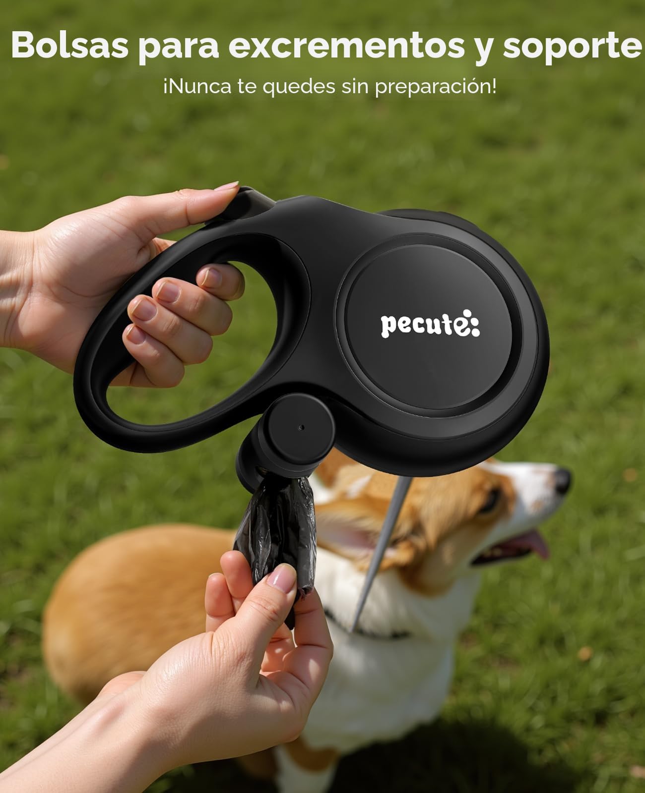 Pecute Correa Perro Extensible 8 Metros, Correa para 15-50 kg, con Cuerda Antimordida de 46cm, Bolsas Higiénicas y Portabolsa| 360° Antienredos| Paseo de Perros, Entrenamiento, días de Iluvia, Negro