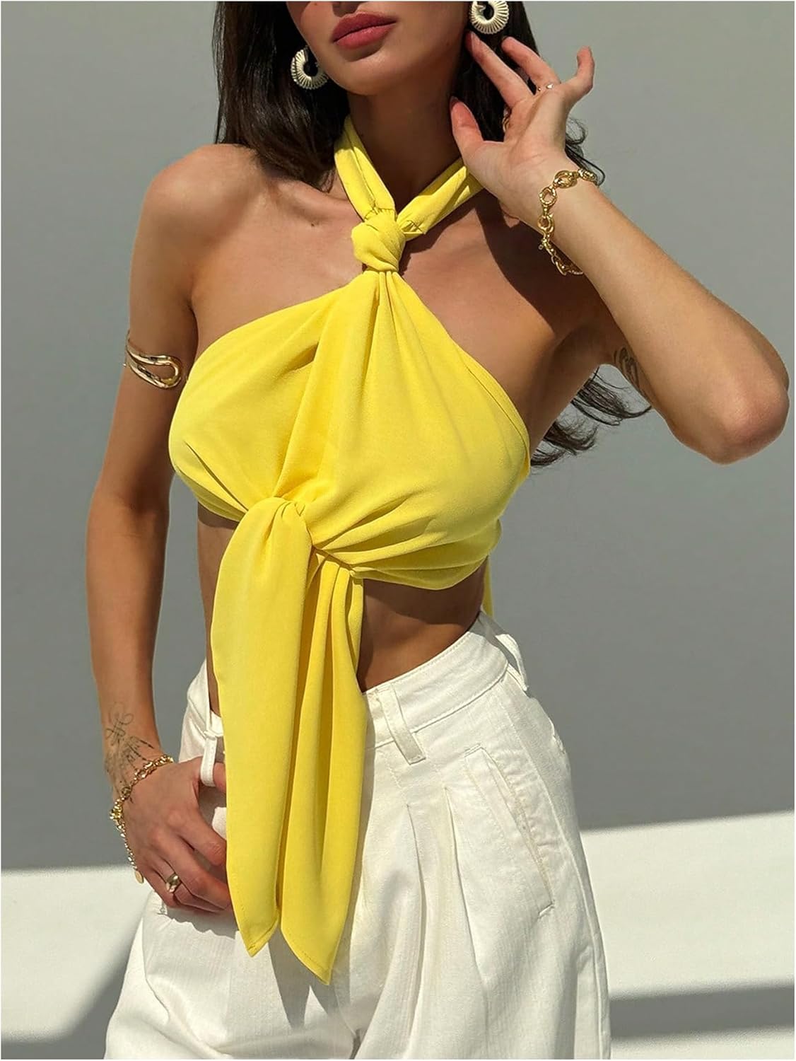 MakeMeChic Women's Tie Open Back Halter Crop Tops Knot Sleeveless Summer Tank - Image 2