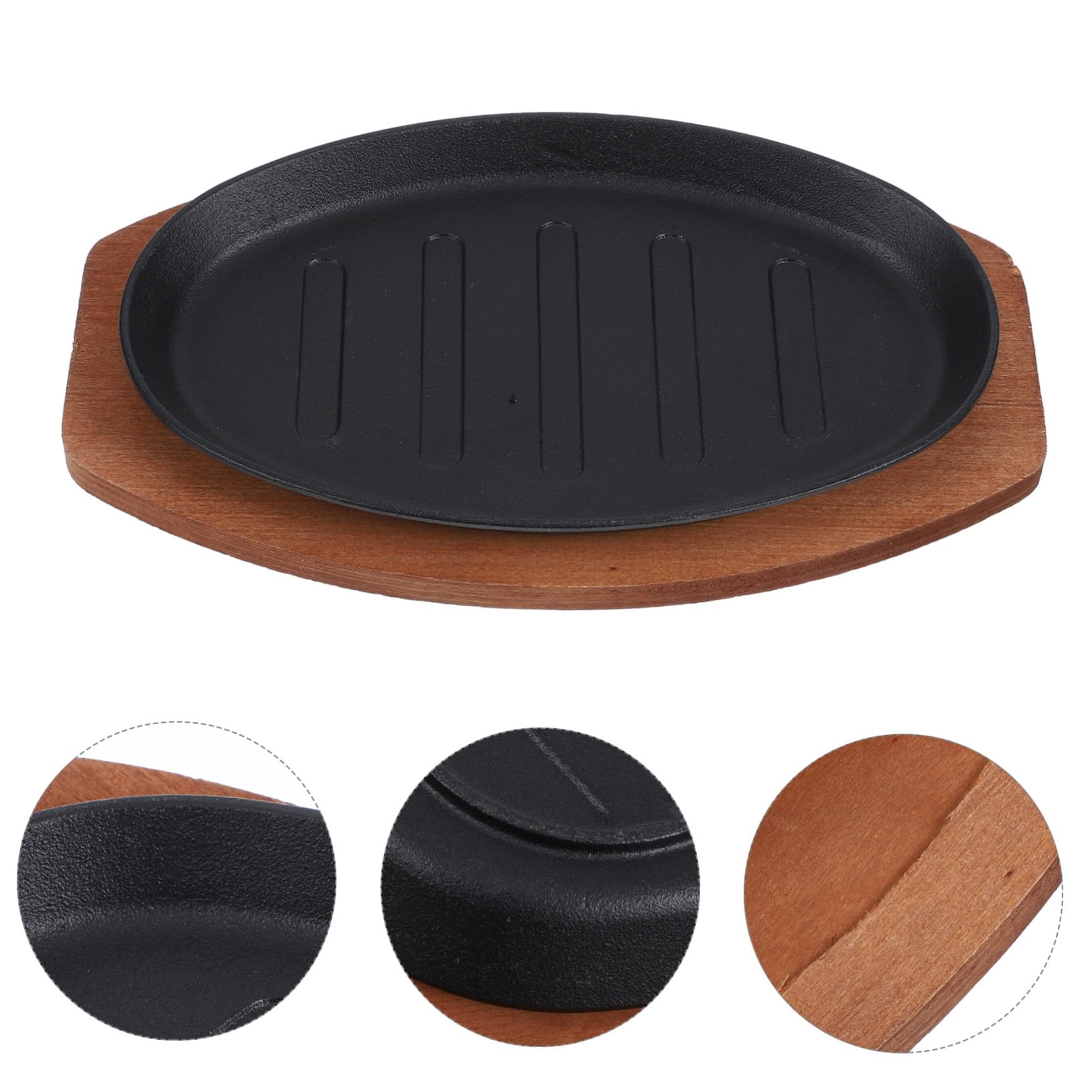 Plancha de Hierro Fundido para Bistec con Base de Madera Superficie Lisa y Fácil de Limpiar Adecuado para Freír Papas y Asar Carnes en Casa