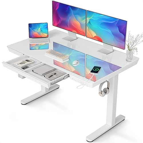 Claiks Glass Standing Desk with Drawers, 48×24 Inch Adjustable Stand