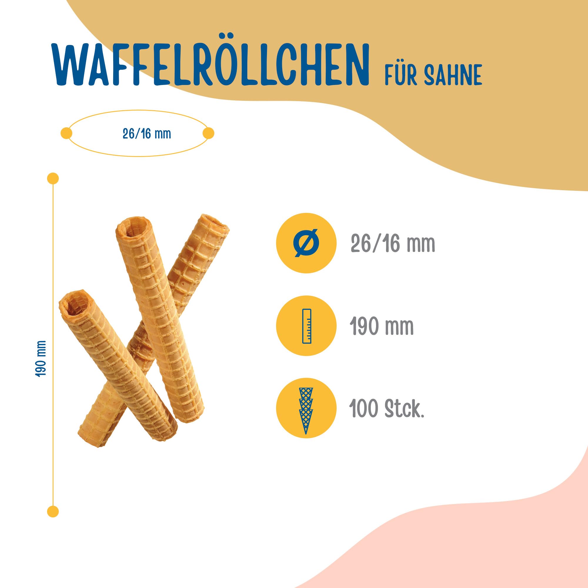 Bazko Waffelröllchen für Sahne 19 cm / 2,6 cm| 100 Stück | knusprige süße Waffelröllchen ohne Füllung | als Eisbecher Garnierung, Deko, zum Füllen | vegan