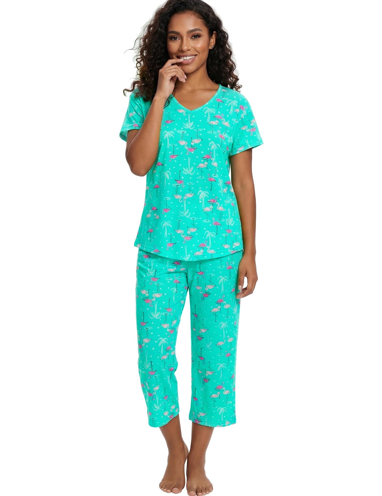 CHUNG Women Cotton Pajama Sets Sleepwear pjs Short Sleeve Shirt Capri Length Crop Pants Cute Vivid Print