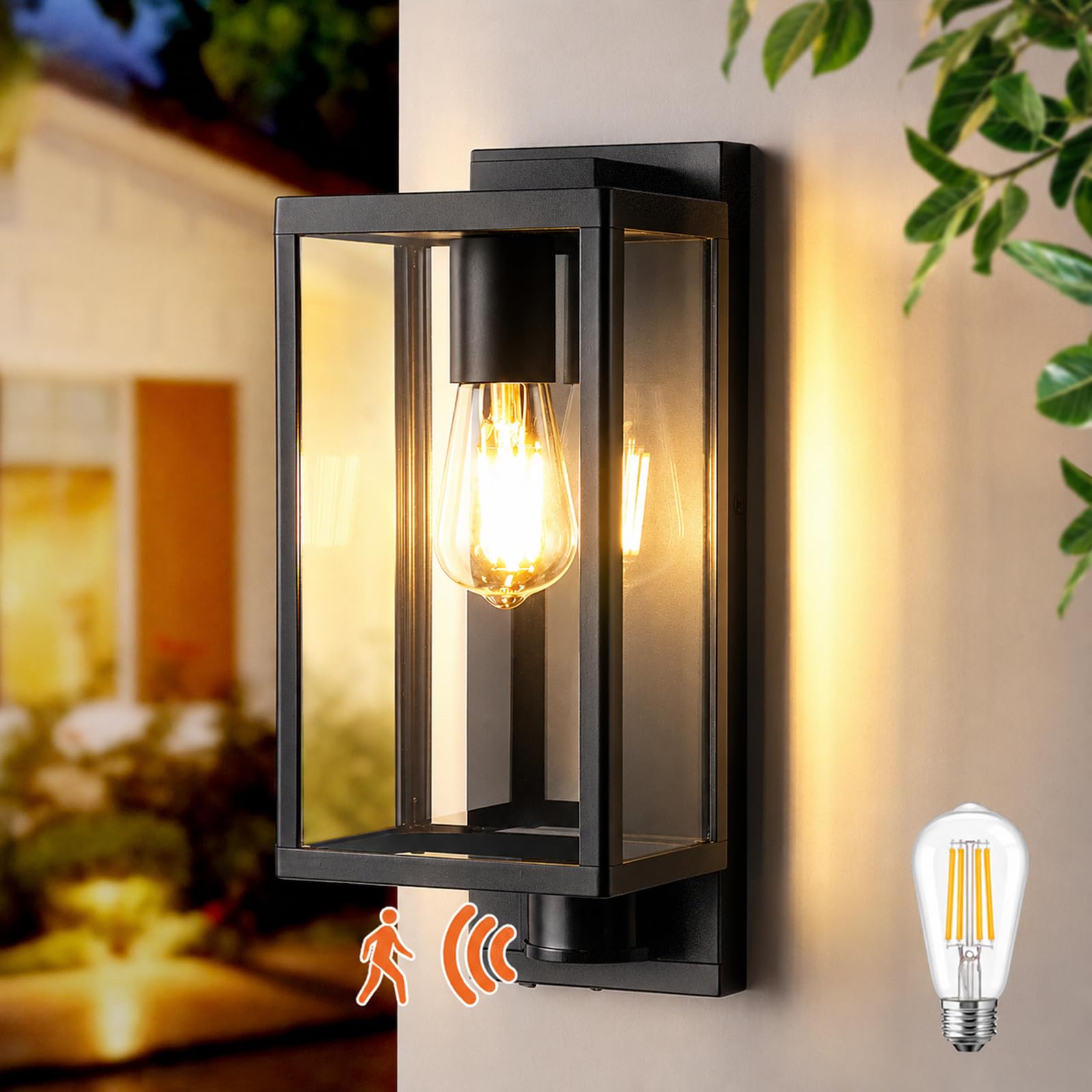LMP Dawn to Dusk PIR Outdoor Wall Lights Mains Powered, Outside Porch Light with Motion Sensor Down Coach Lantern Black, LED Traditional External Lighting Exterior Front Door Lamp (E27 Included)