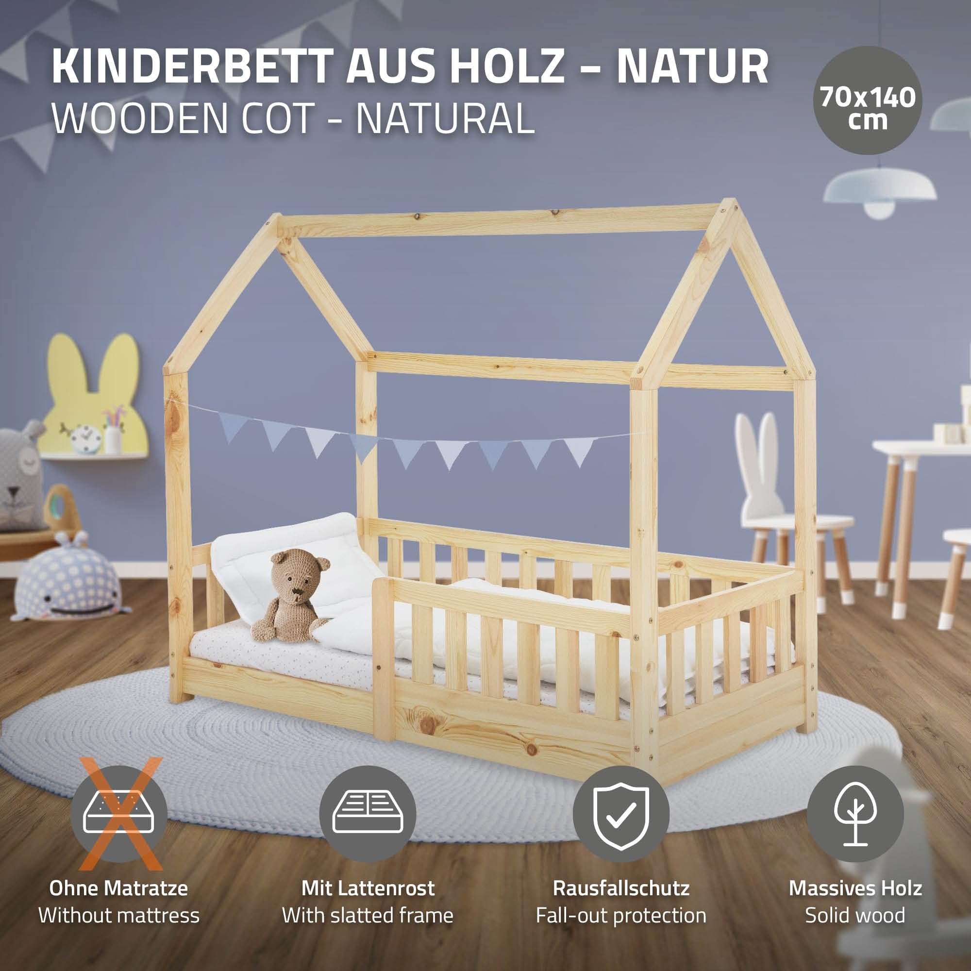 ML-Design Lit Cabane Enfant 70x140 cm Naturel en Bois Massif avec Protection Contre la Chute, Toit et Sommier à Lattes, Style Maison, Couchage Maisonnette Barrière de Sécurité pour Fille Garçon