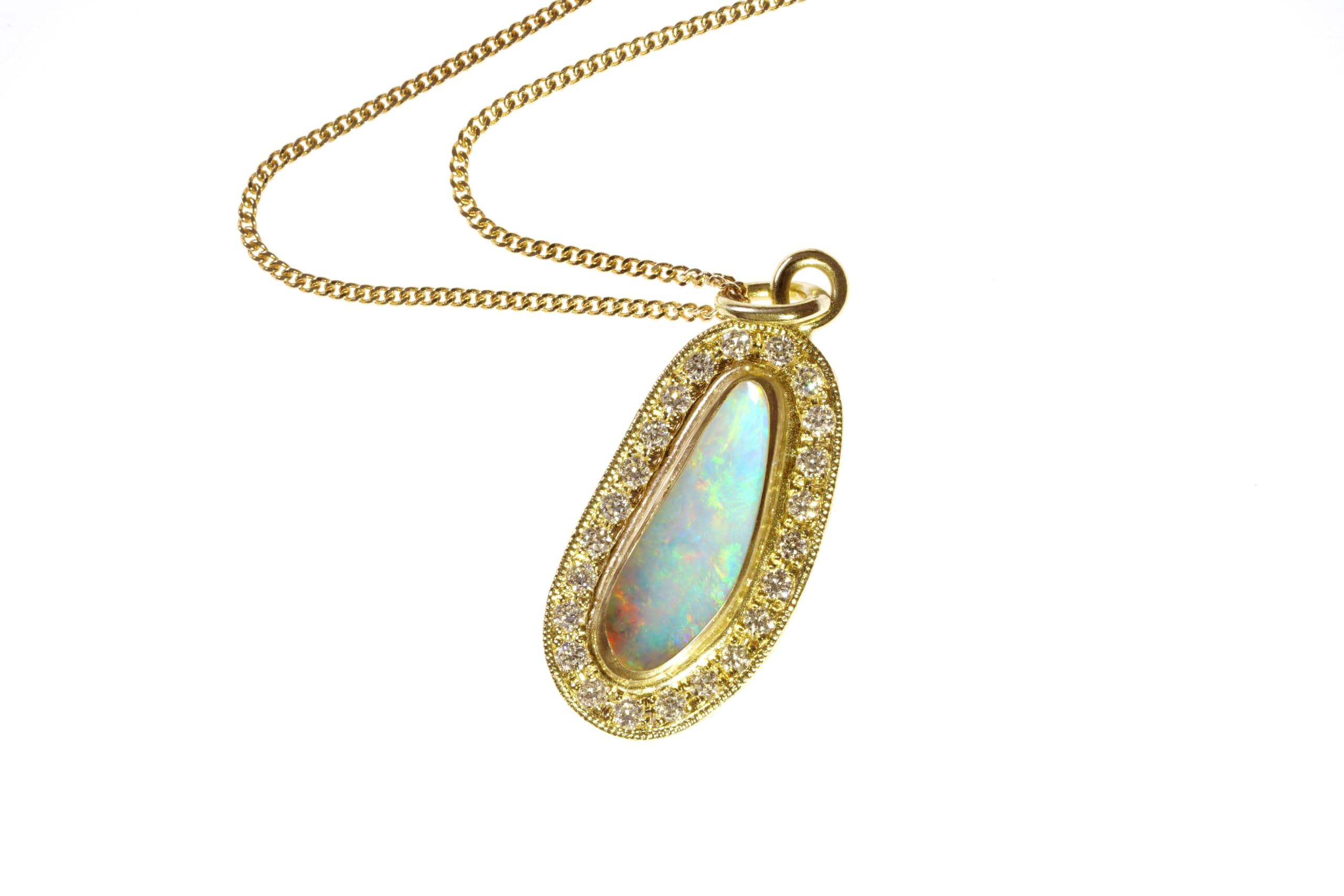 HandmadeAustralian Opal Necklace with Diamonds in 18k Yellow Gold