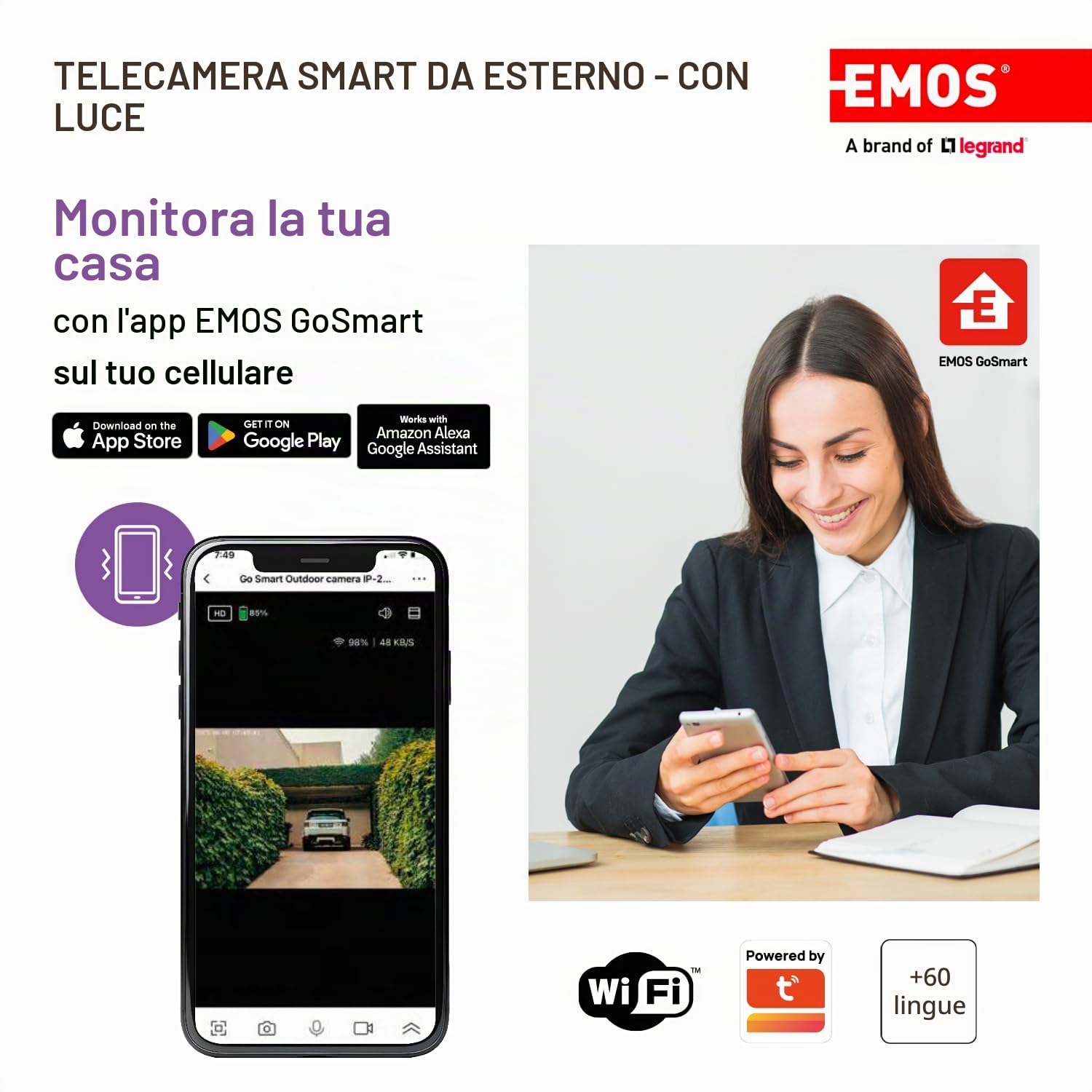 EMOS GoSmart - Telecamera di sorveglianza Smart Home Outdoor con luce - 3 MP rotante Wi-Fi IP telecamera con app - visione notturna e sirena - compatibile con Google Assistant e Alexa - impermeabile -