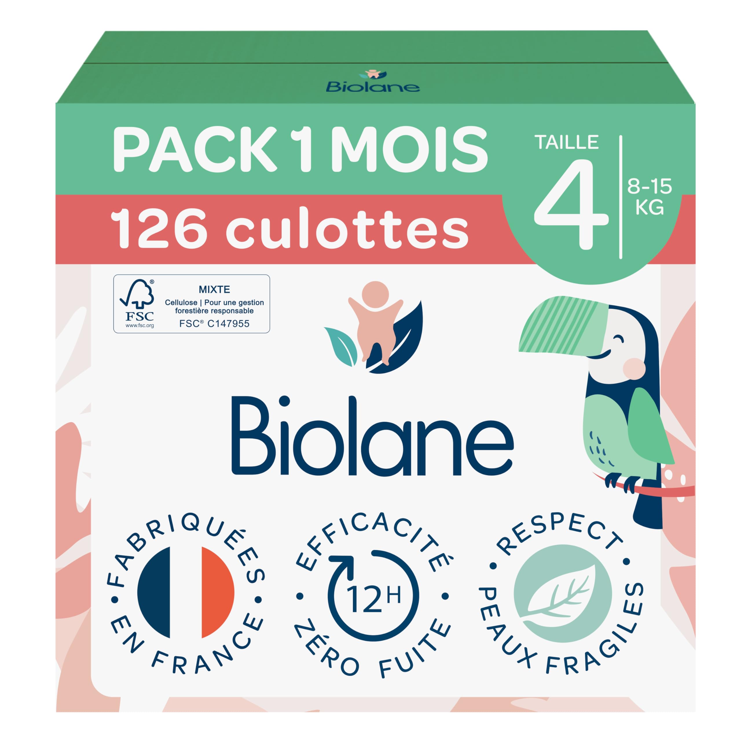 BIOLANE – Pañales – Talla 4 (8-15 kg) – Cero fugas durante 12 h – Pack 1 mes – 126 capas para pantalones – Eco-responsable – Fabricado en Francia