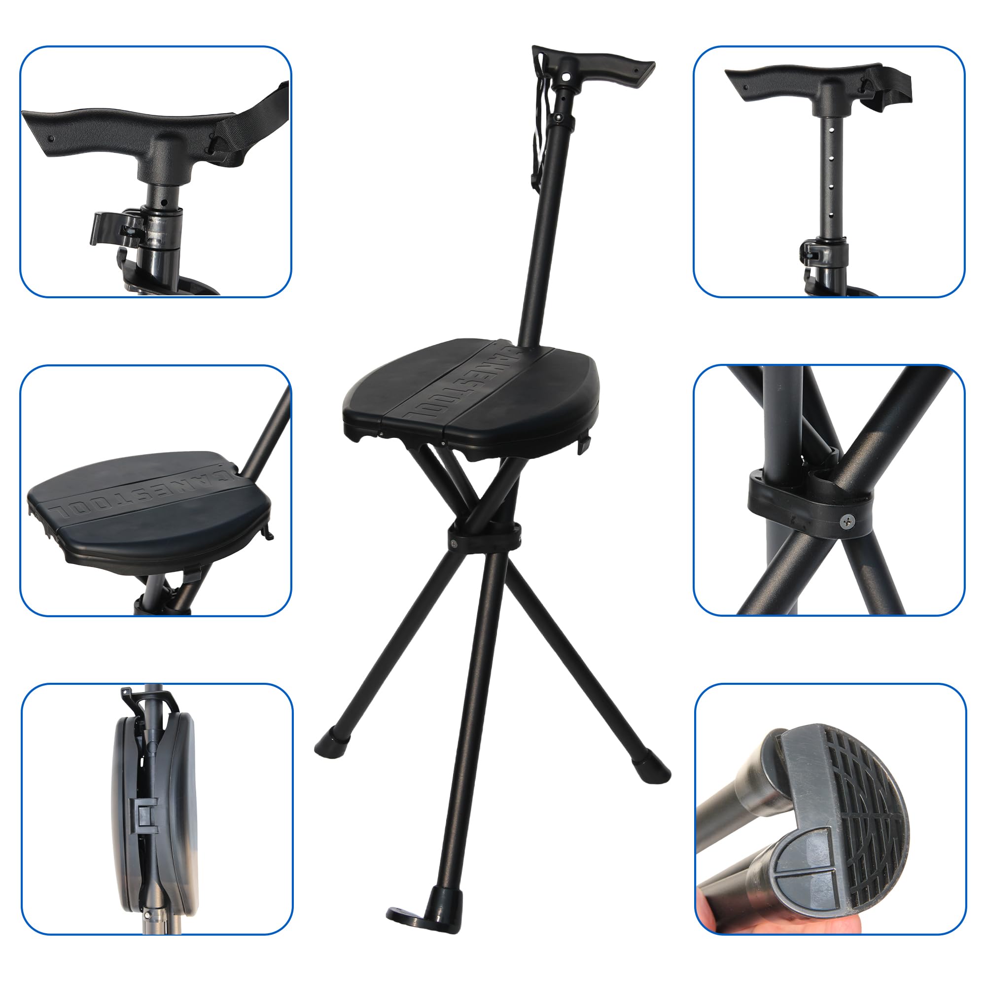 Tragbarer Gehstock mit Sitz, verstellbarer Gehstock mit Sitz, faltbar, leicht, Aluminium, rutschfest, für Erwachsene, 250 kg, Gehstock, Stuhl für Reisen, Wandern, mit Tragetasche