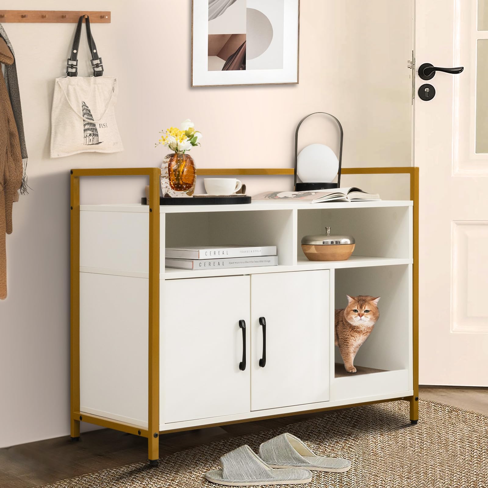 GYMAX Casetta per Gatto, Mobile Lettiera per Gatti, con Robusto Telaio in Metallo, Tiragraffi, Scaffali di Stoccaggio in Legno, Stile Industriale, 89 x 45 x 74,5 cm (Bianco)