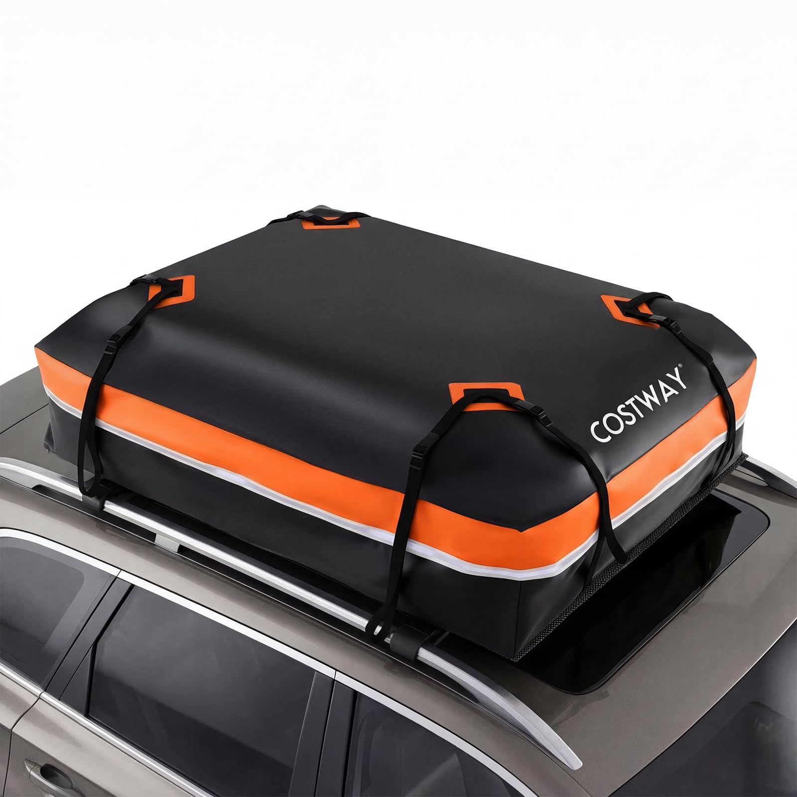 COSTWAY Borsa da Tetto per Auto, Box Portapacchi con Impermeabile e Alta Adattabilità, Baule con Tappetino Antiscivolo, Striscie Riflettenti, Lucchetto e 8 Corde di Fissaggio (600 L,Arancione)