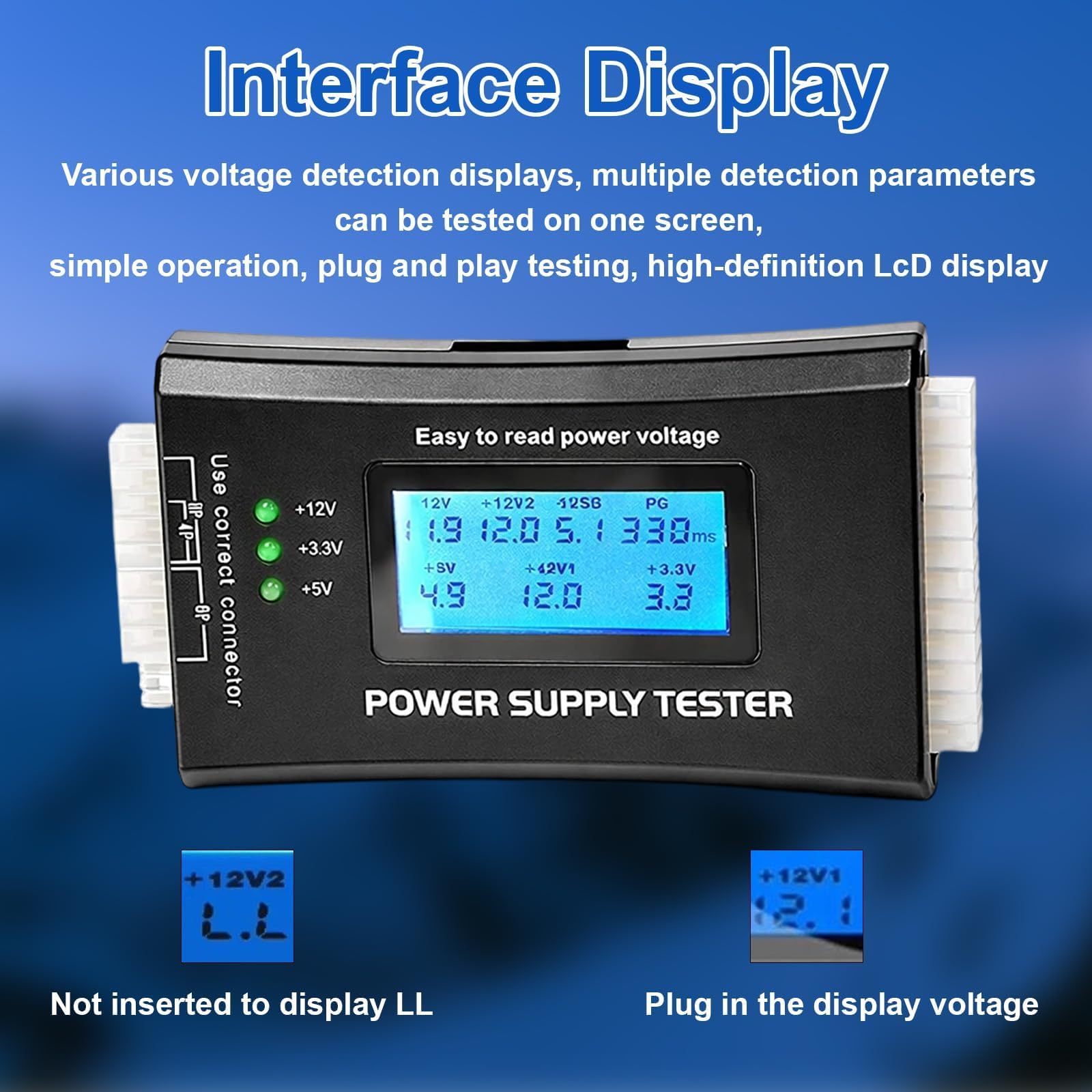 20/24 4/6/8 Pin PC Power Supply Tester, Universal PSU Tester with 1.8” LCD Display for ATX/ITX/IDE/HDD/SATA/BYI Connectors, Desktop Computer Power Check Tool for Maintenance Troubleshooting — view 5