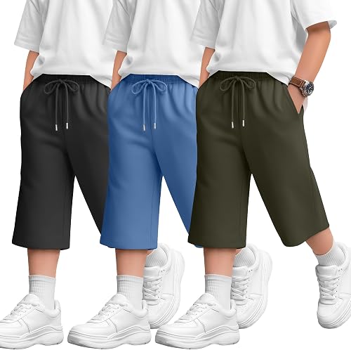 Mumucove 3 Pack Boys' Capri Pants 3/4 Wide Leg Casual Drawstring Capri Sweatpant