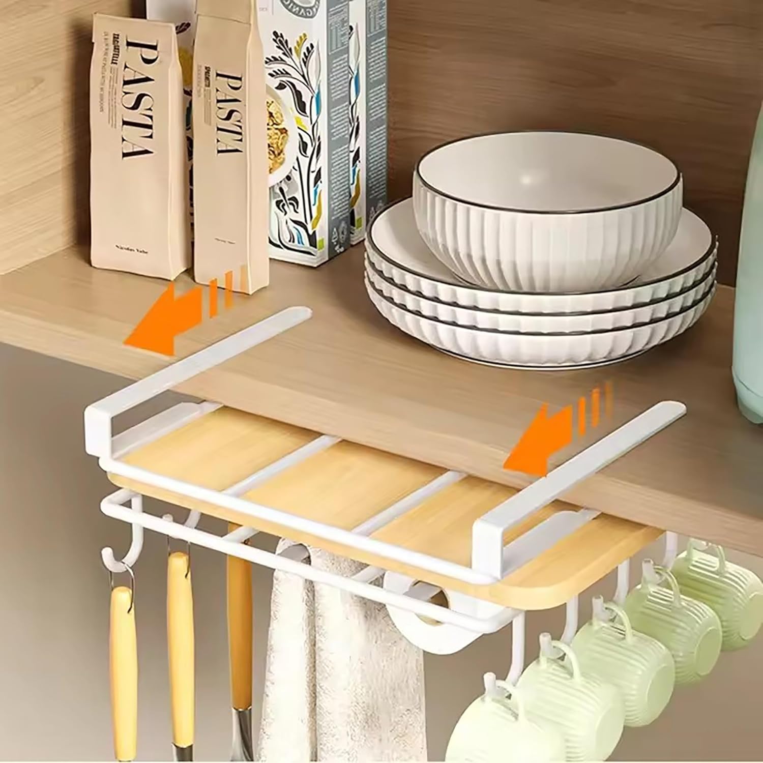 Multi-Functional Kitchen Hanging Organizer, Cutting Board Holder - Mug Holder Under Cabinet, No-Hole Clip-On Shelf Mug Hangers Under Shelf Kitchen Spoons Towels Hanger Organizer(White)