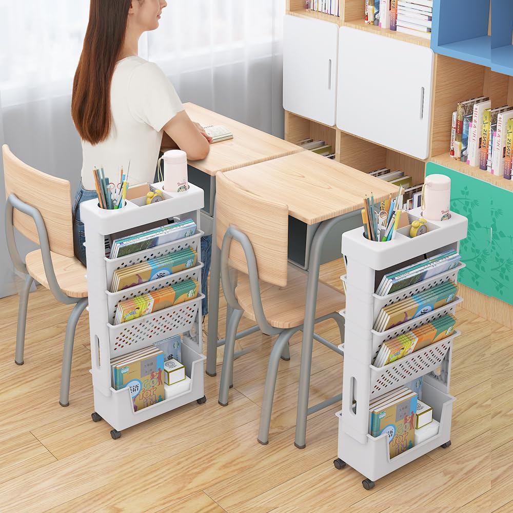 NUODWELL Librería móvil con rueda, gran capacidad, estante para revistas, carrito extraíble, organizador para niños, multiusos, para casa y escuela (blanco)