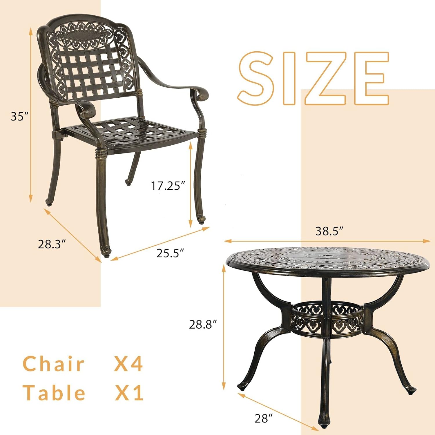 5-Piece Outdoor Patio Dining Set, All-Weather Cast Aluminum Patio Furniture Set for Backyard Garden Deck with 4 Chairs and 38.5" Round Table, 2" Umbrella Hole