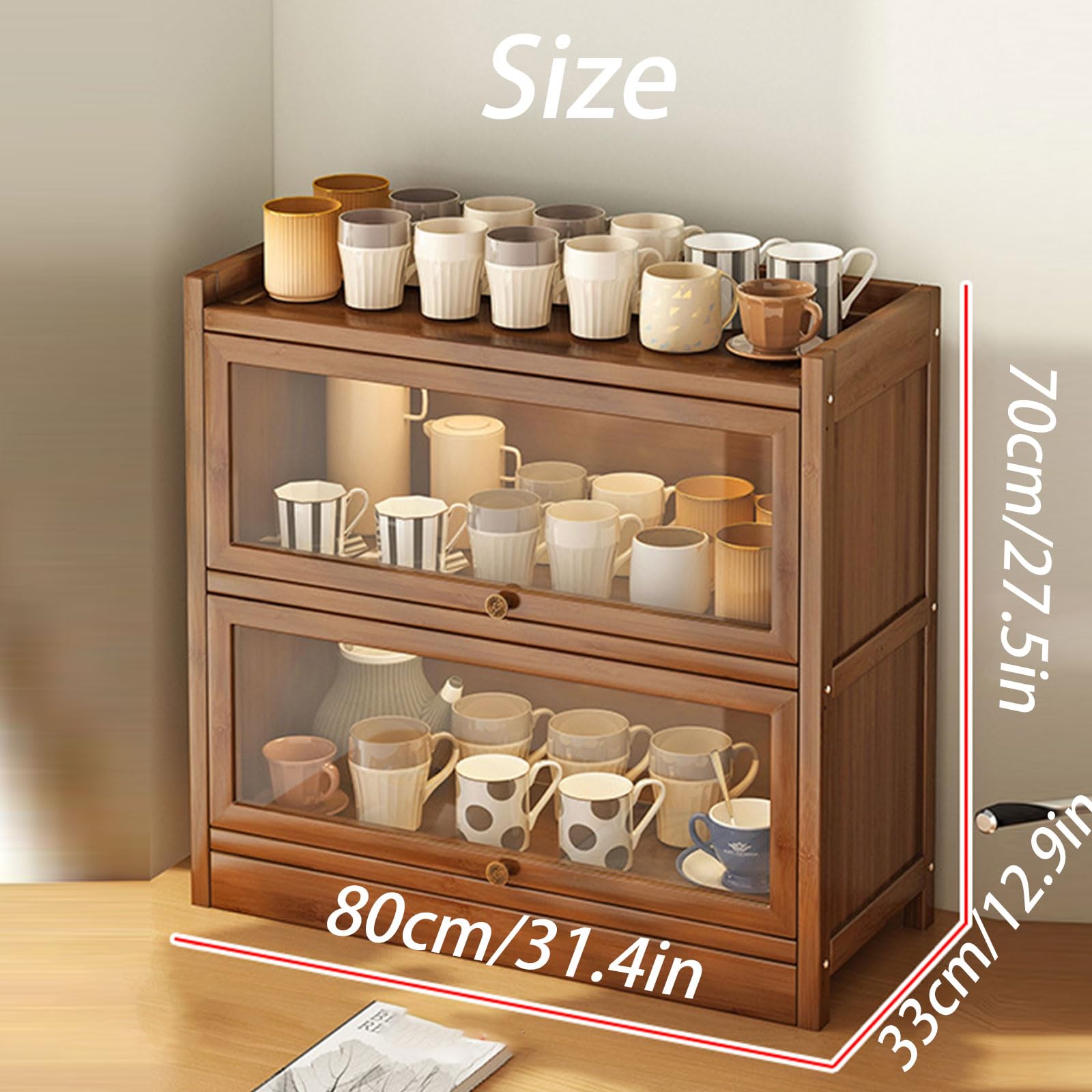 Armario de almacenamiento de gran capacidad para encimera de cocina con puerta de cristal, organizador de pan de madera para 2 capas, 80 cm