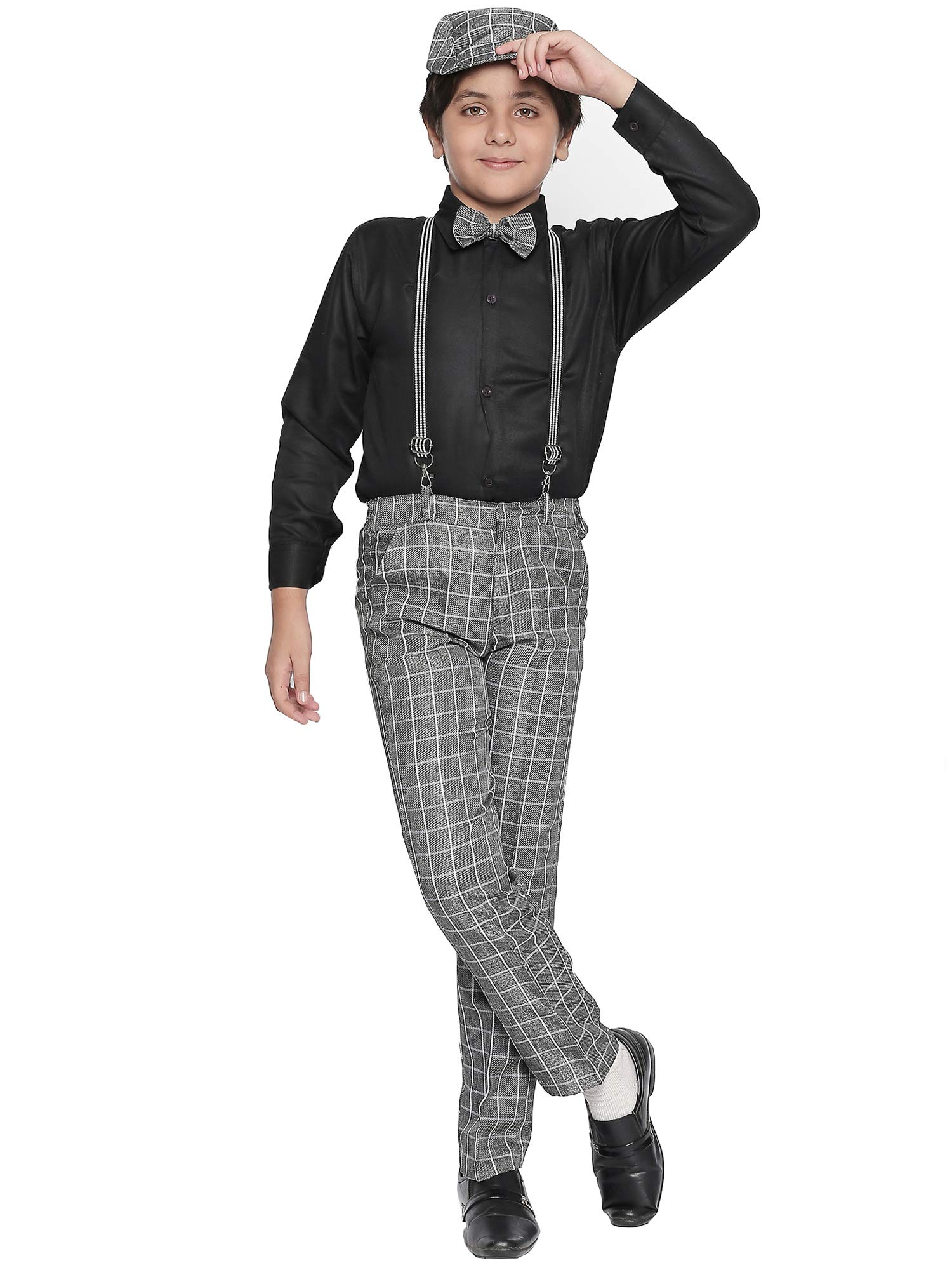 Jeetethnics Boys Grey Suspender Pant Set with Shirt, Bow and Cap (1101J)