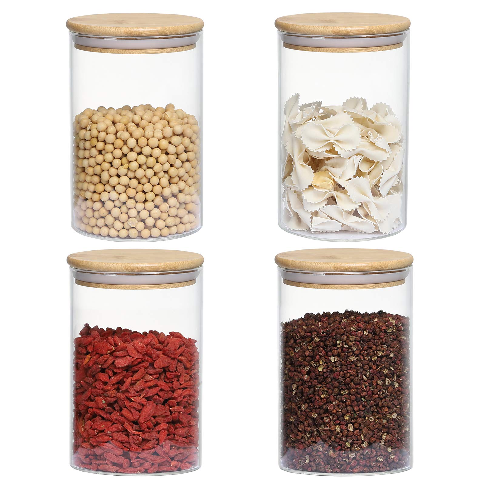 DANALLAN 4 Pack 24OZ Glass Storage Jars with Airtight Bamboo Lid Clear Airtight Storage Containers for Home Kitchen Preserving Seal Storage Grains Seeds Tea Coffee Flour Herbs Beans Salt Sugar