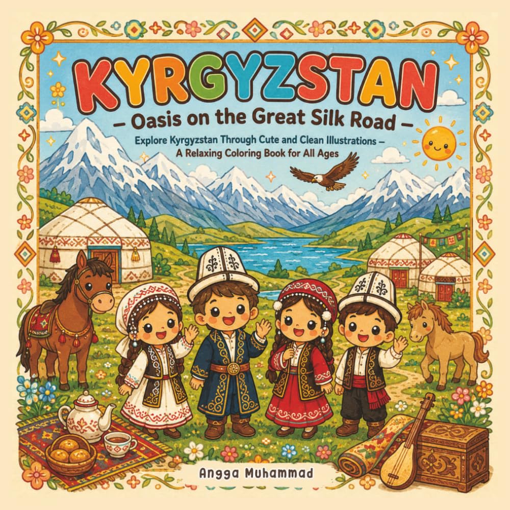 KYRGYZSTAN — Oasis on the Great Silk Road: Explore Kyrgyzstan Through Cute and Clean Illustrations of Eagle Hunters, Mountain Trails, Nomadic Camps, ... Life — A Relaxing Coloring Book for All Ages
