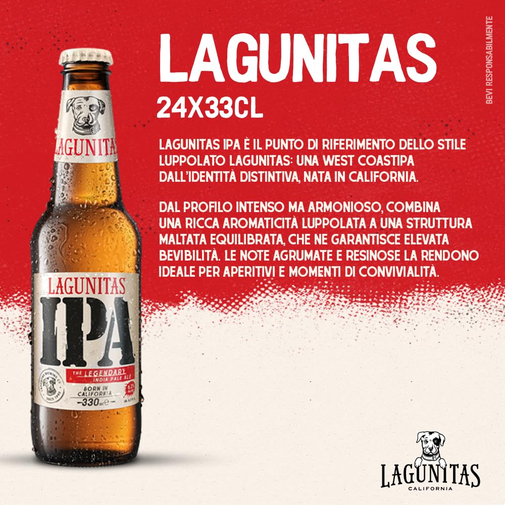 Birra Lagunitas IPA, Cassa con 24 Bottiglie da 33cl, Birra IPA ad Alta Fermentazione, Gusto Connotato da un Mix Pulito di Agrumi Rinfrescanti, Caramello Dolce e un Gradevole Amaro, Gradazione 6,2% Vol