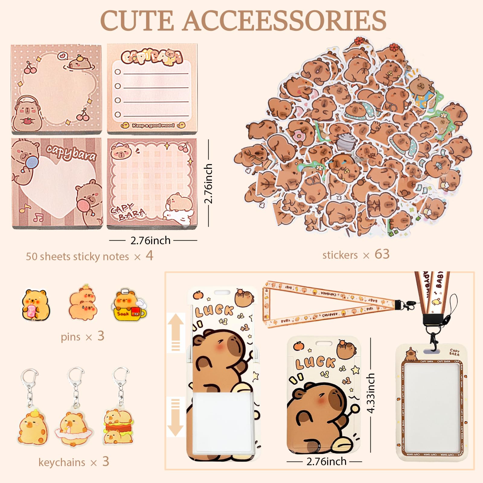 Zestaw papeterii Capybara, urocze przybory szkolne z kapibarą, prezenty urodzinowe kawaii, zawiera długopisy żelowe, ołówek, gumkę, notatnik A5, naklejki, uchwyt na identyfikator, linijkę, do