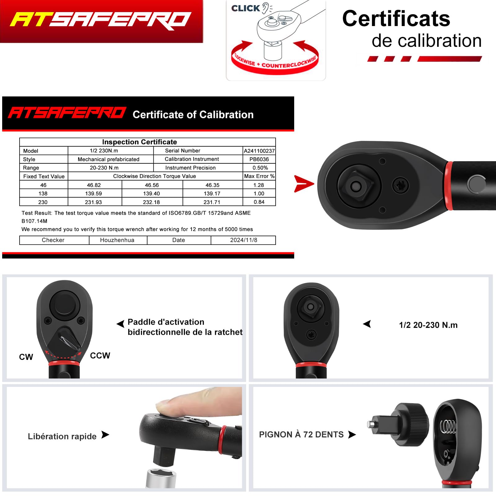 ATsafepro Clé Dynamométrique 1/2" 20-230 Nm,avec Adaptateur 1/2" à 3/8" et Barre d'Extension 125 mm,Précision ±3% 72 Dents pour Voiture, Moto, Camion