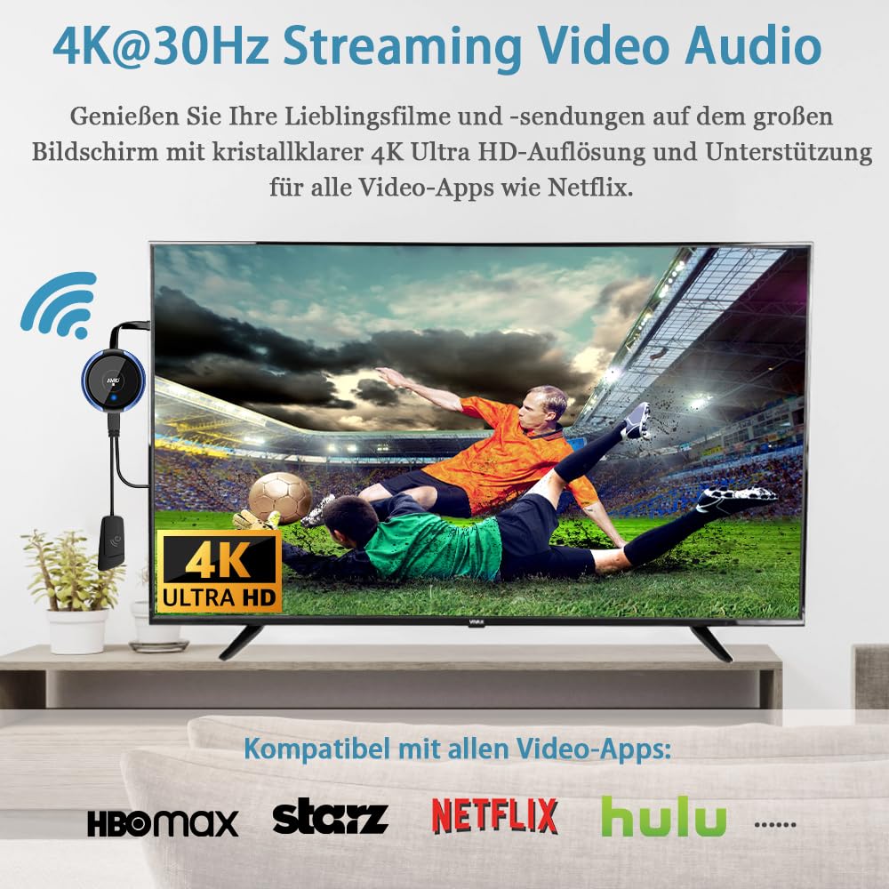 Wireless HDMI Transmitter and Receiver 4K/5.8G - HDMI Funkübertragung Kabellos Sender und Empfänger 165FT/50M von Laptop/TV Box/Kamera/USBC/PC/PS5 auf Fernsehen/Beamer/Monitor