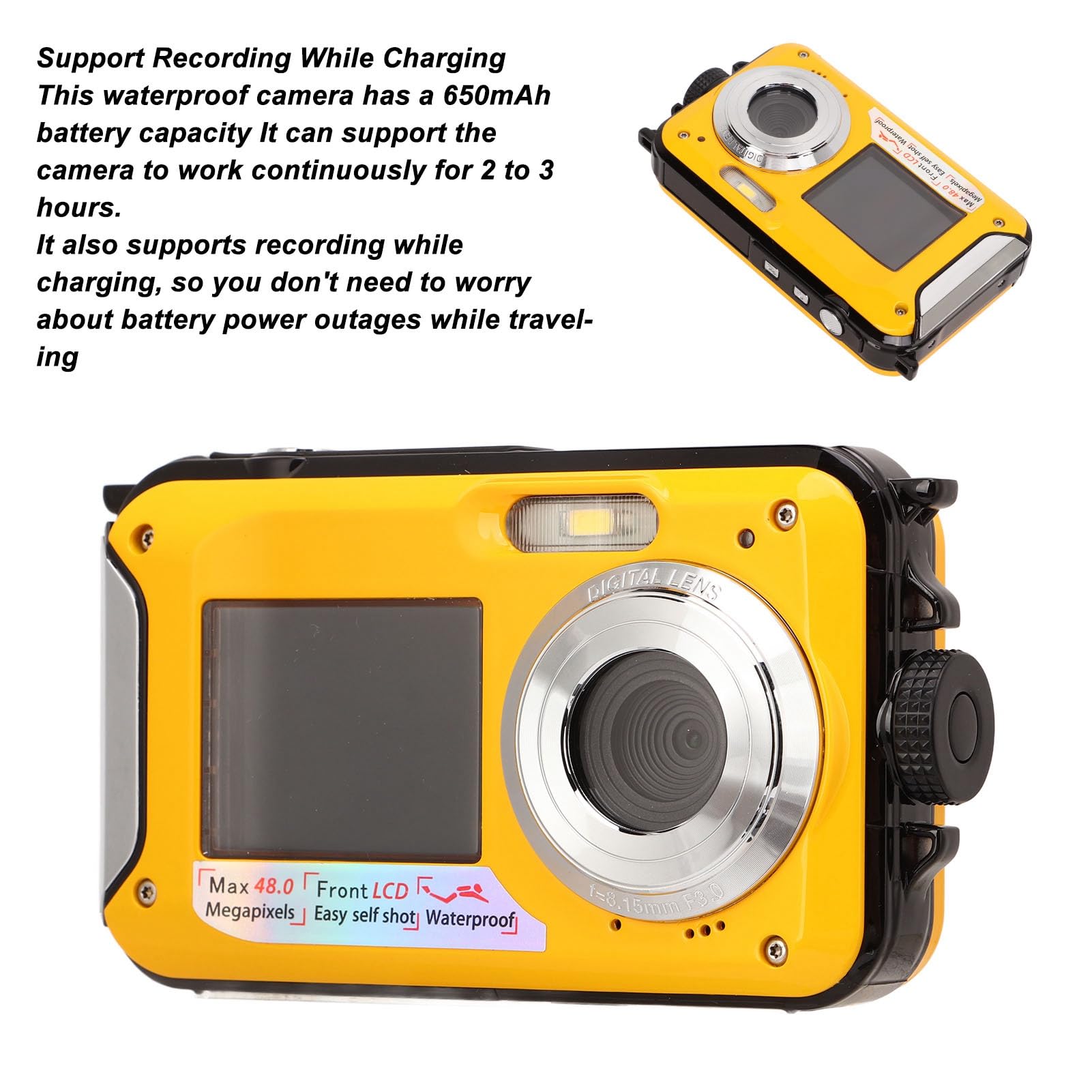 Cámara Digital Subacuática Full HD 2.7K 48MP, 10 Pies Impermeable Al Agua, Pantallas Duales Delanteras y Traseras, Zoom 16X, Graba Mientras Se Carga, Micrófono Incorporado para (Yellow)