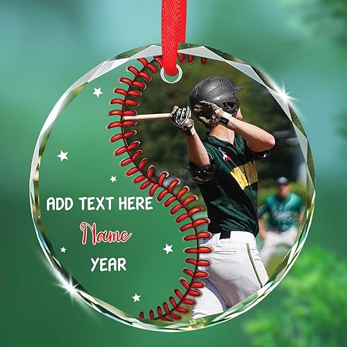 Adorno de cristal de Navidad con nombre de foto personalizado, adorno de Navidad para amantes del béisbol 2025, texto personalizado, adornos de