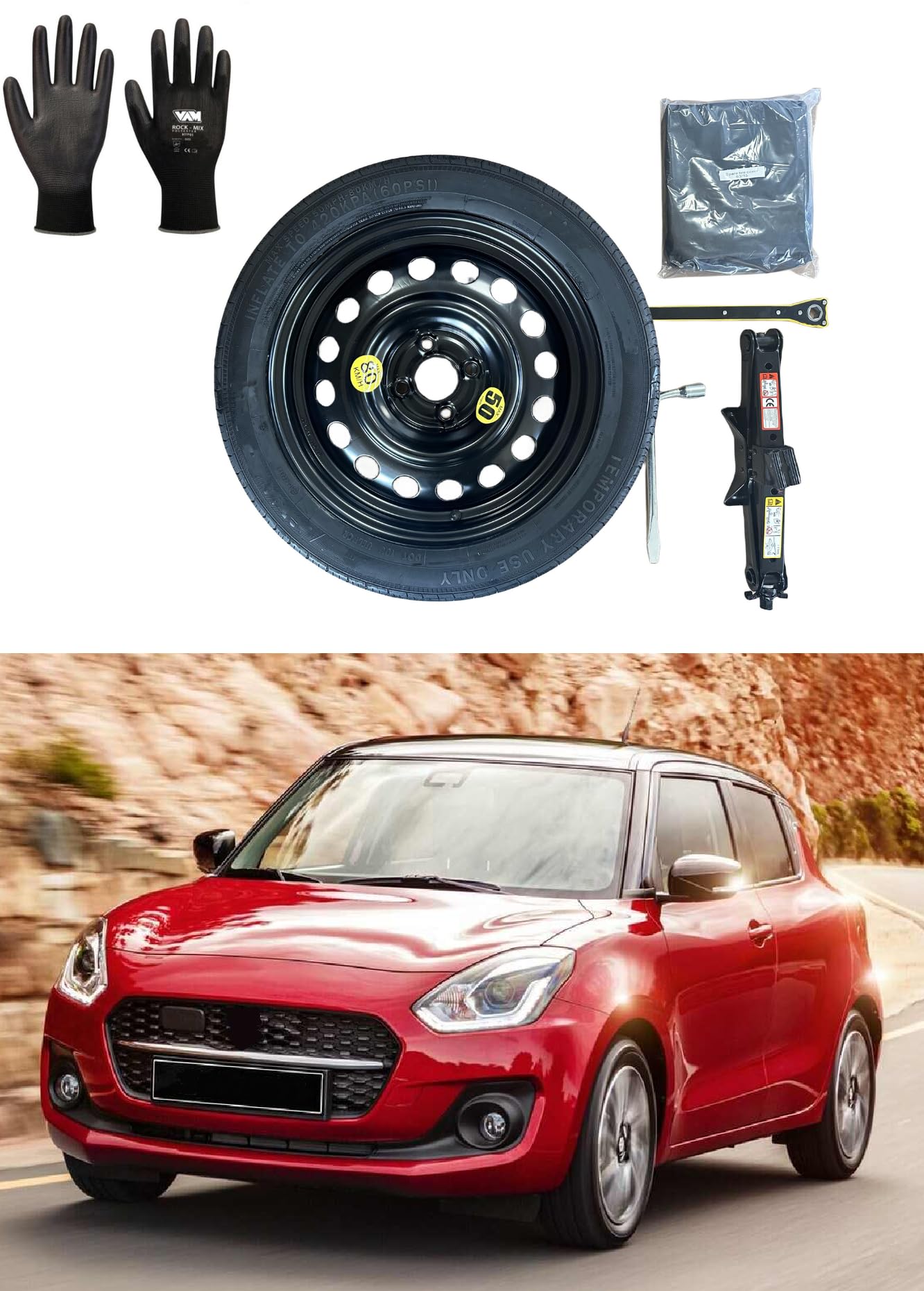 Kit Ruotino di Scorta 16" compatibile con Suzuki Swift 4WD 4x4 con Cric, Chiave, Guanti e Sacca