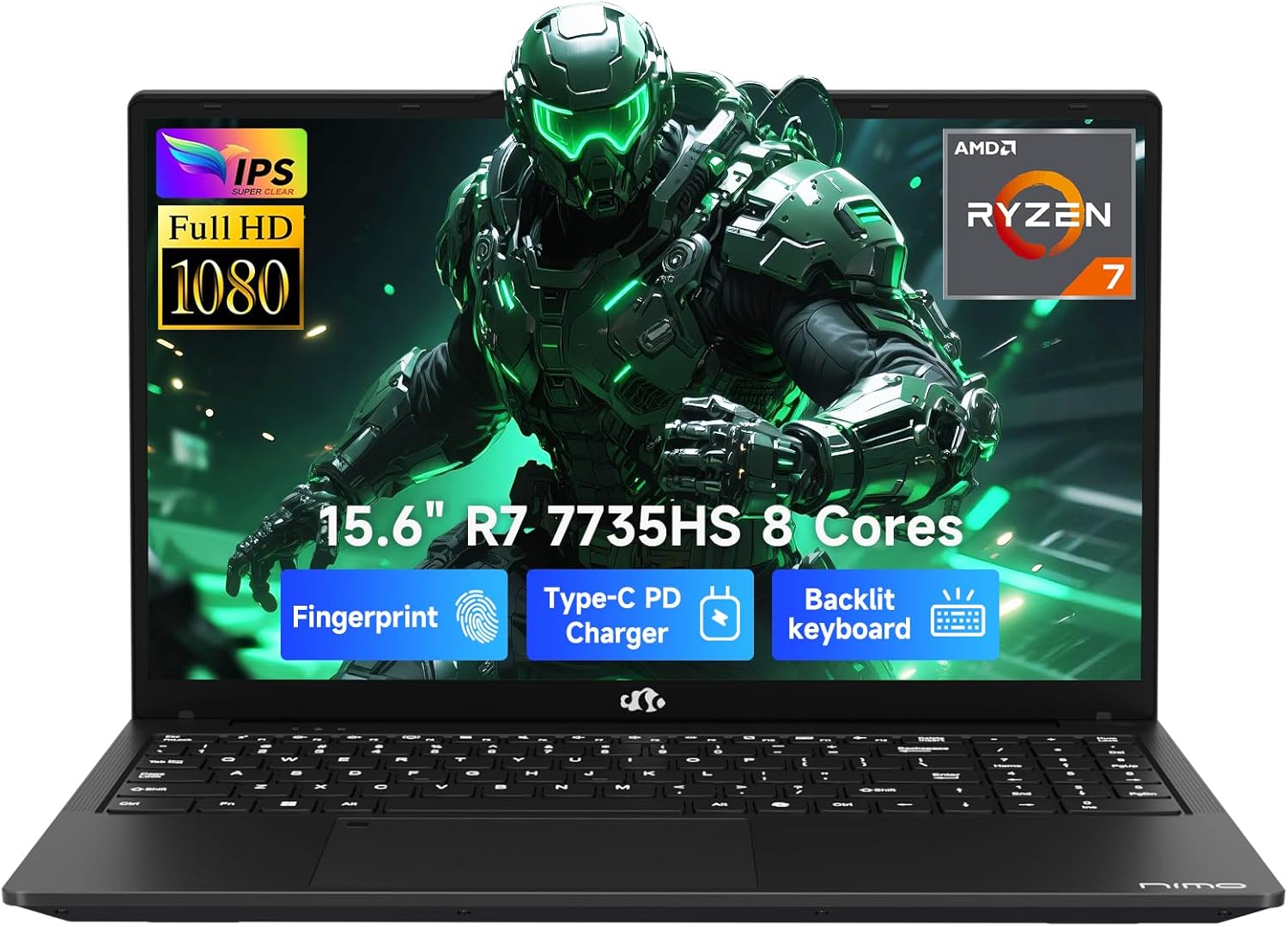 NIMO Light Gaming Laptop, 15.6" FHD IPS Display, AMD R7 7735HS (Up to 4.75 GHz, Beat i7-12650H) Work Computer with 16GB DDR5 RAM 256GB SSD, 180° Vewing, Radeon 680M, Portable for Business, College