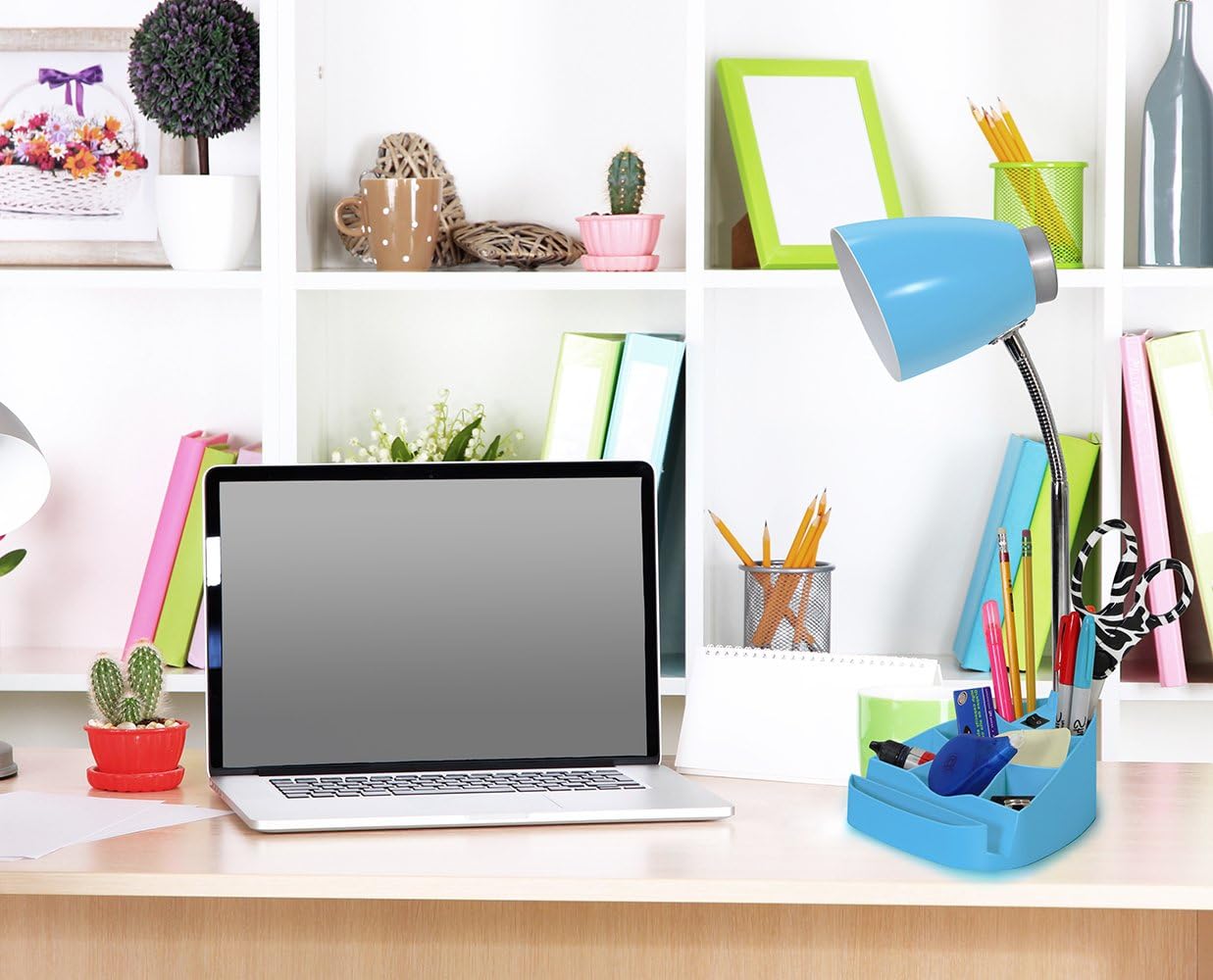 Simple Designs LD1002-BLU Gooseneck Organizer Desk Lamp with iPad Tablet Stand Book Holder, Blue