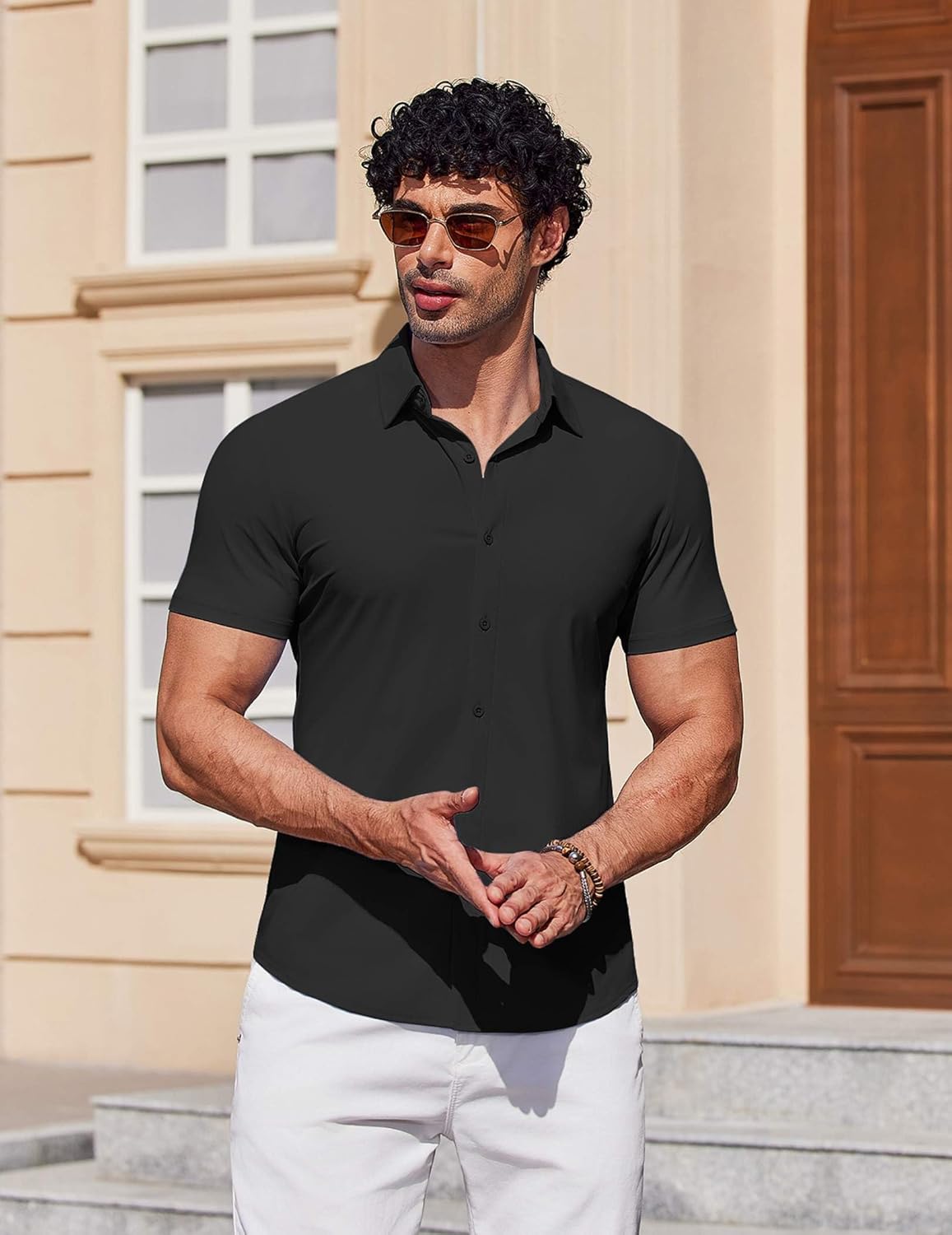 COOFANDY Mens Muscle Fit Dress Shirts Stretch Wrinkle Free Short Sleeve Button Down Shirt Casual Solid Untucked Shirt - Image 4