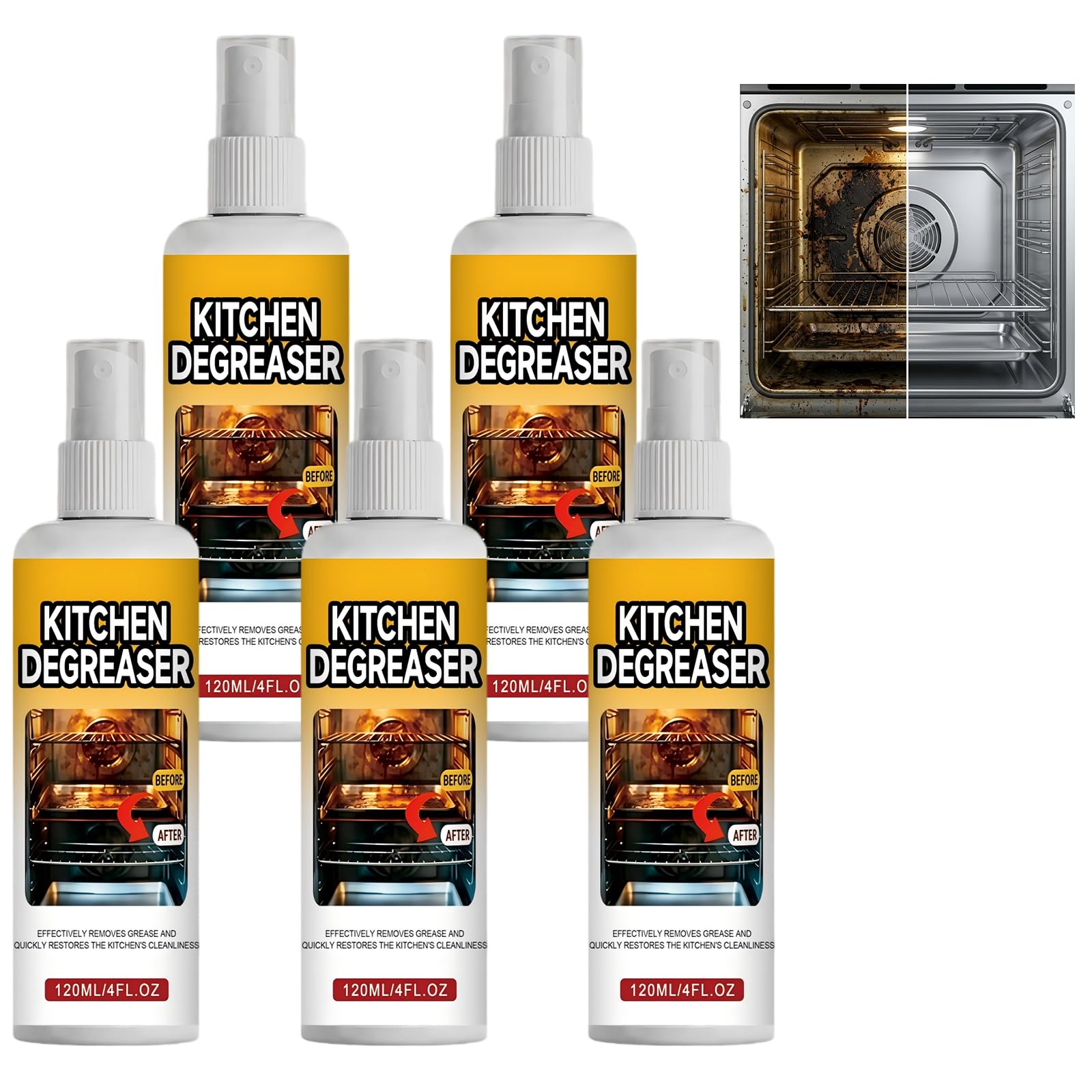 GreaseKiller Starker Fettlöser Küche Spray, Schnellwirkender Backofenreiniger & Grillreiniger für Dunstabzugshaube, Herdplatte, Heißluftfritteuse & Edelstahl, Krustenlöser gegen Fett (5 PCS)