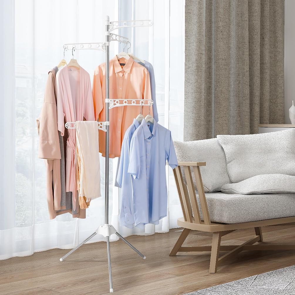 BAOYOUNI Sechoir à Linge Étendoir Pliable en Métal Trépied Etendoir à Linge Rabattable avecà 5 Bras Peu Encombrant Facile à Installer, pour Intérieur et Extérieur, Ivoire