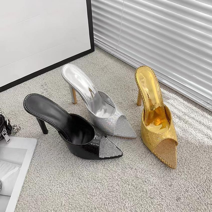 Glitter Pointed Toe High Heels Snakeskin Sandals For Women 2025 Open Toe Rhinestones Slip On Stilettos Backless Club Ballroom Party Sexy Dress Slides2