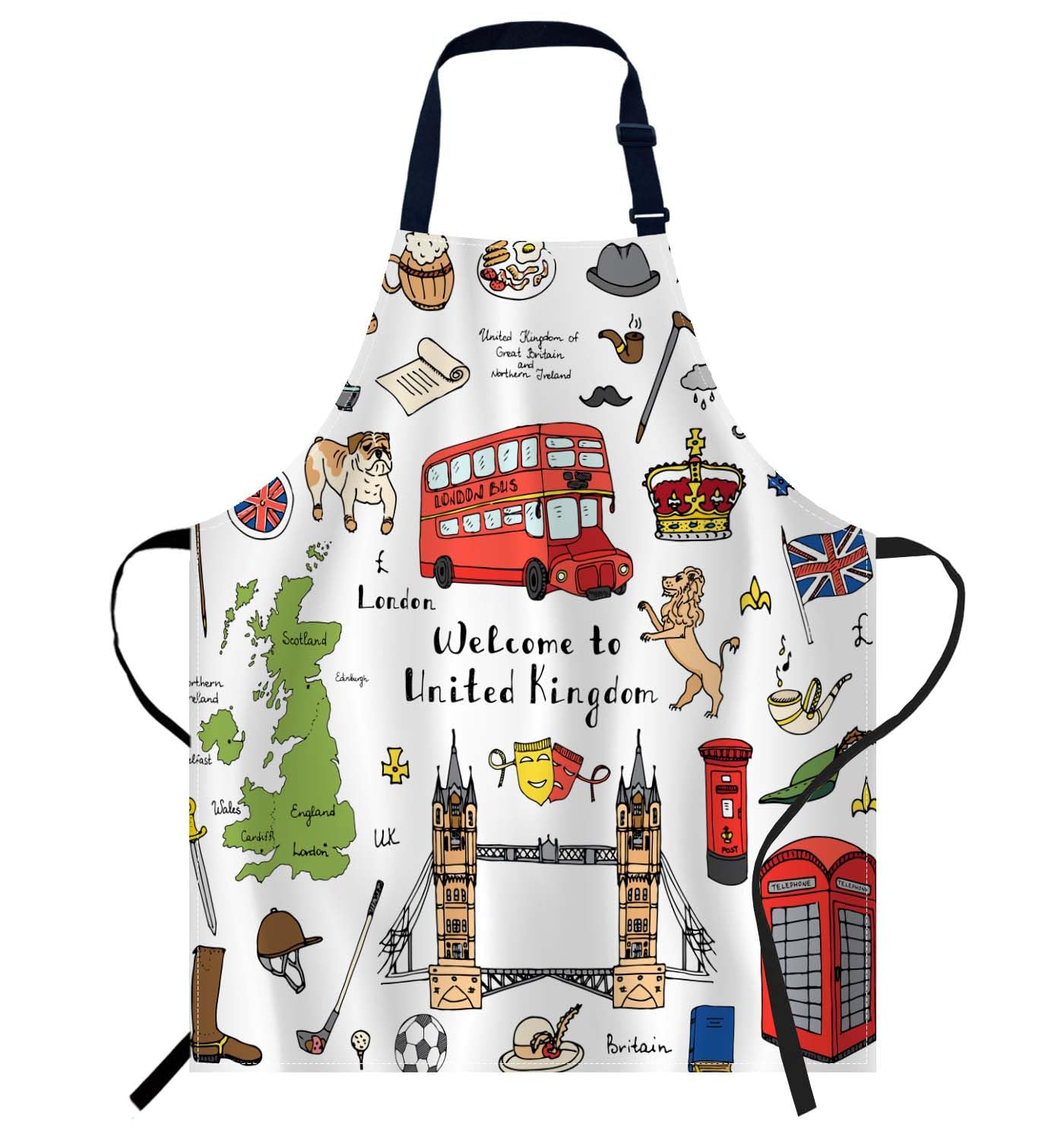Smooffly London Elements British Symbols Apron Adjustable Apron Cooking Kitchen Chef Women Men Aprons for Home Kitchen Restaurant