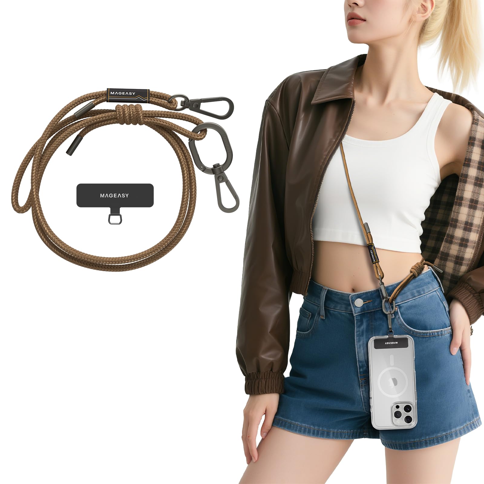 MAGEASY Universal Cell Phone Lanyard - Anti-Theft Rope Crossbody Phone Strap for iPhone 16 Pro Max & Most Smartphones, for Men & Women | 6mm Khaki