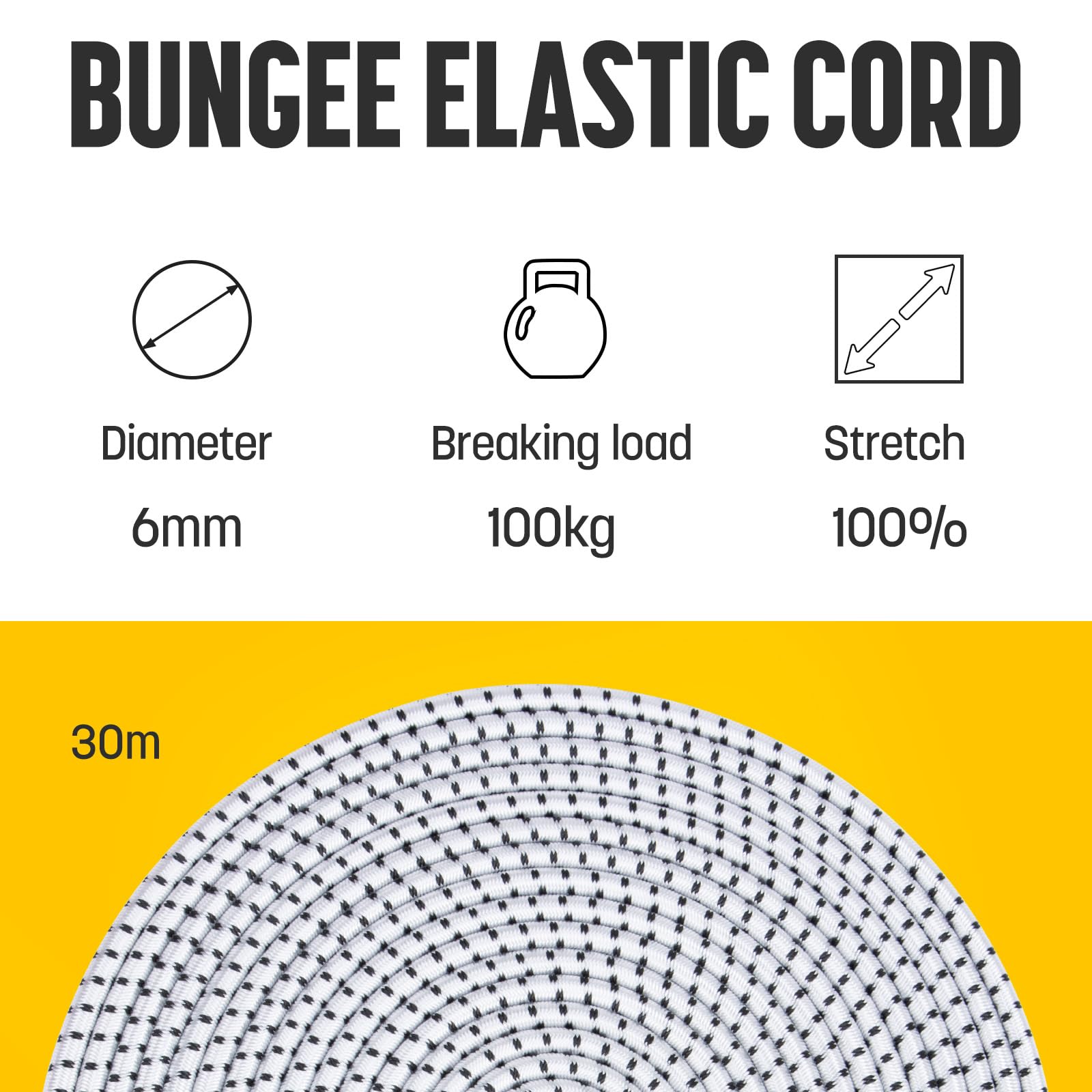 Kamu Synber Bungee Cord 6mm x 30m Elastic Shock Cord Bungee Rope for Tarpaulin Kayak, Tie Down, Camping, White/Black - Image 3