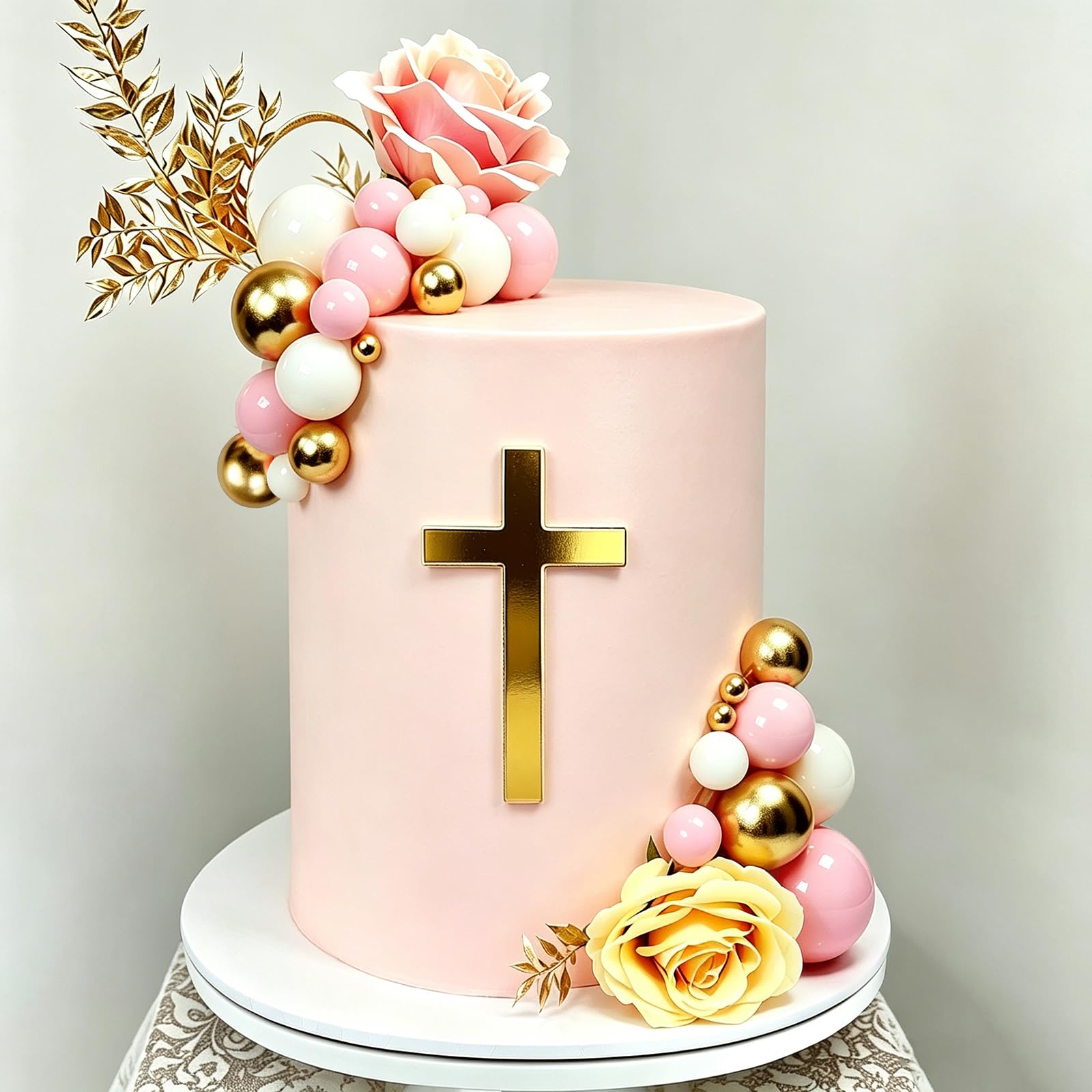 Gold Cross Cake Topper for Baptism, Pink White Balls Cake Decorations First Communion & Christening, Acrylic Mirror Decor - 3.94 Inch Holy Cross for Baby Shower, Wedding Cakes