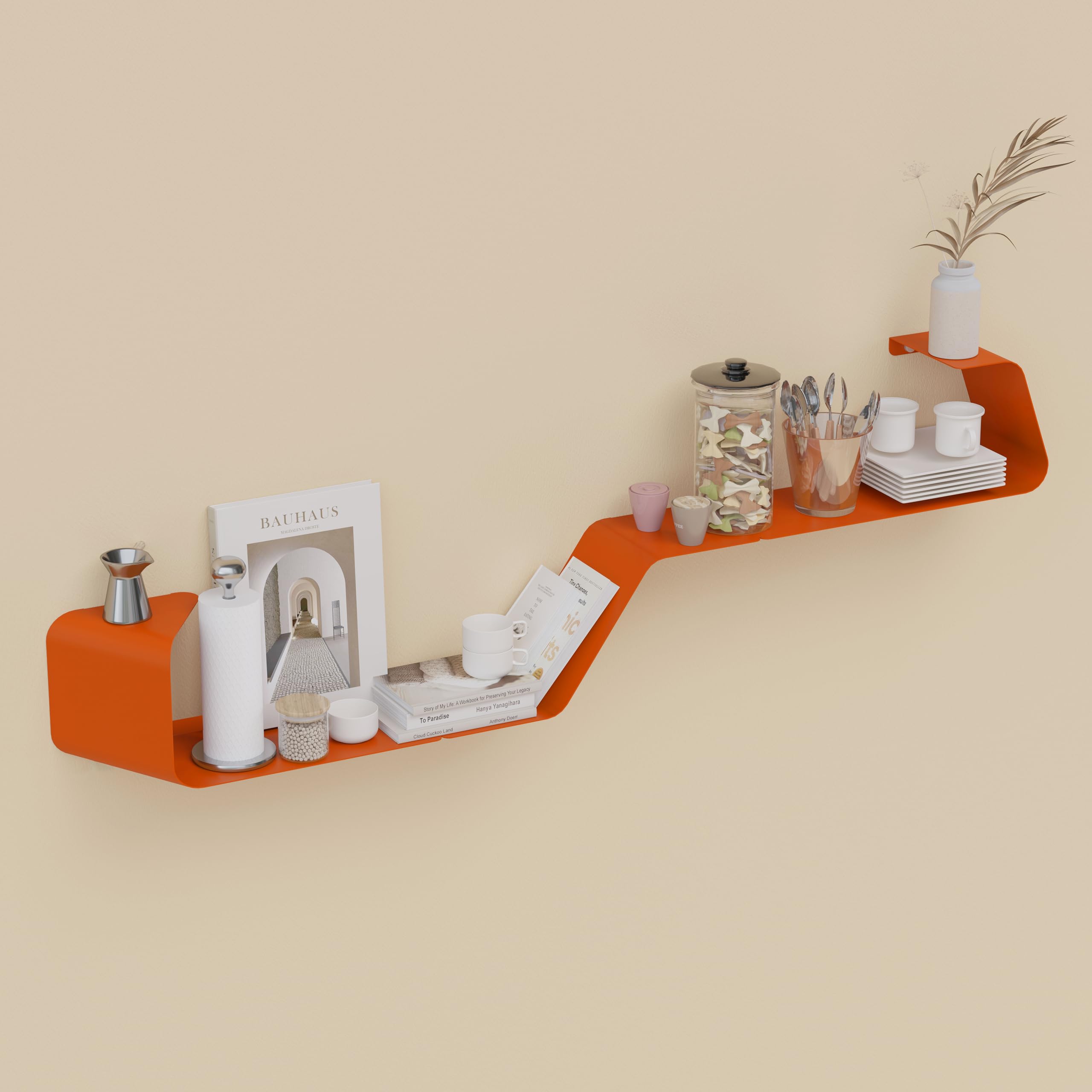 Sttoraboks Juego de 3 estantes flotantes de pared, estante montado de metal con diseño único, estantería para almacenamiento y exhibición en baño, dormitorio, cocina, sala de estar, decoración naranja