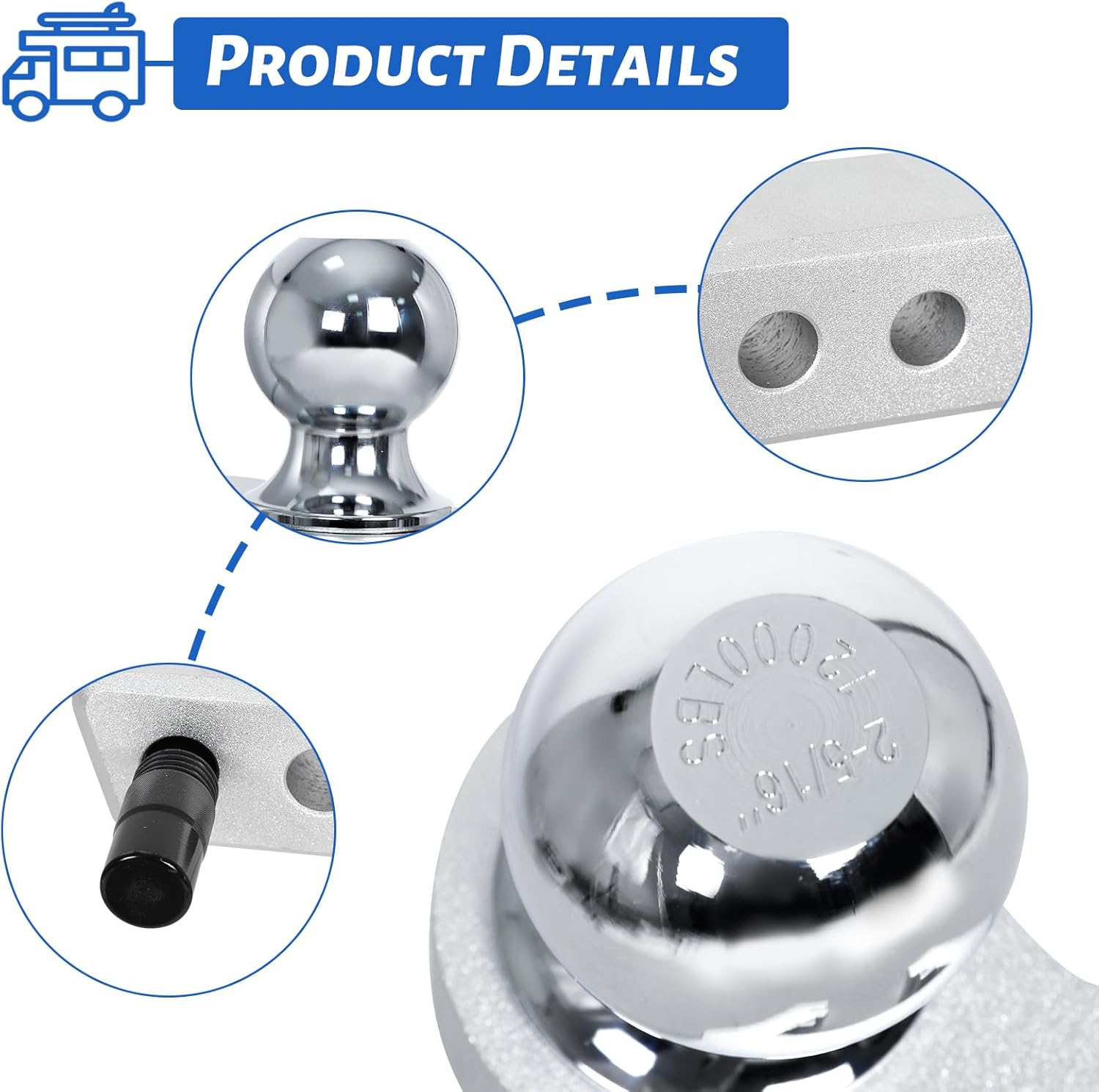 Adjustable Trailer Hitch - 6 Inch Drop Hitch (Fits 2-Inch Receiver), 12500 LBS GTW Aluminum Tow Hitches with (2" & 2-5/16") Chrome Plated Steels Balls and Two Anti-Theft Pins Locks