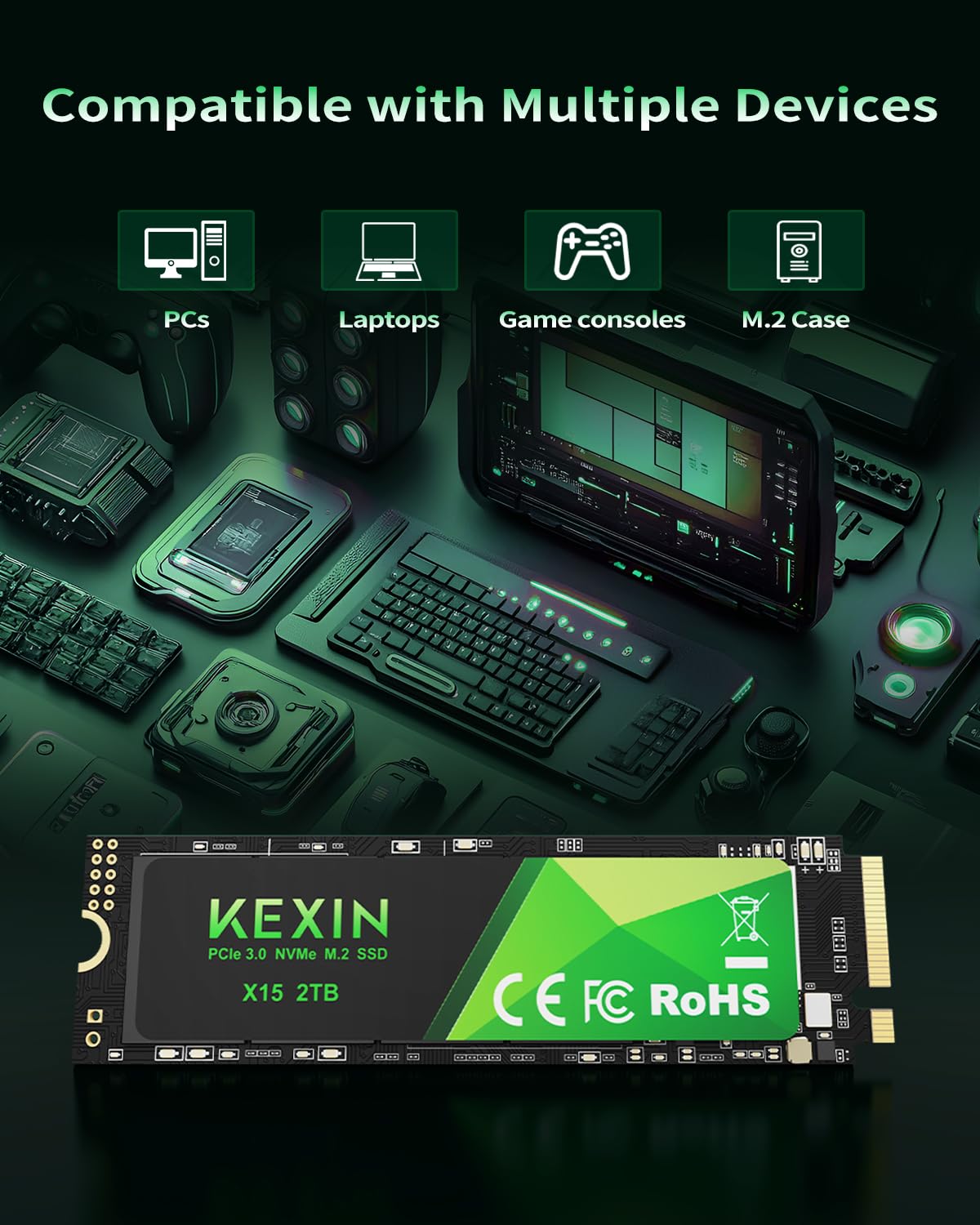 KEXIN SSD M.2 NVMe SSD Interne 2 to M.2 2280, PCIe Gen 3.0, jusqu'à 3500 Mo/s en Lecture, 2900 Mo/s en écriture, Flash NAND 3D, Disque Dur Interne Solid State Drive pour Les Amateurs de PC et Les